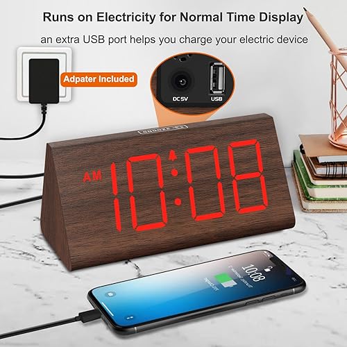 Miniatura 20 de DreamSky Wooden Digital Alarm Clocks for Bedrooms - Electric Desk Clock with Large Numbers, USB Port, Loud Alarm for Heavy Sleepers, Adjustable Blue