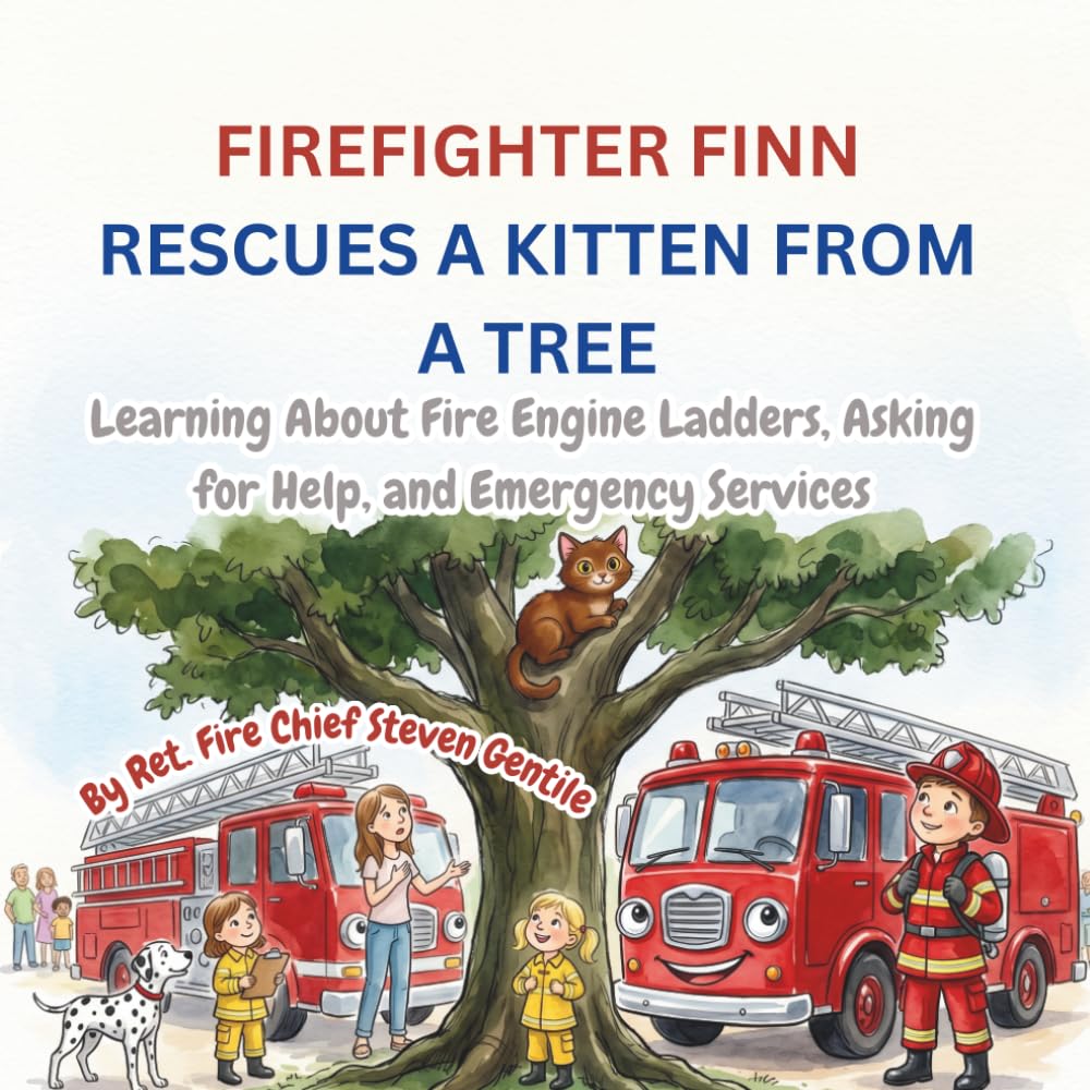 FIREFIGHTER FINN RESCUES A KITTEN FROM A TREE: Learning About Fire Engine Ladders, Asking for Help, and Emergency Services (new illustrated books for firefighter finn)