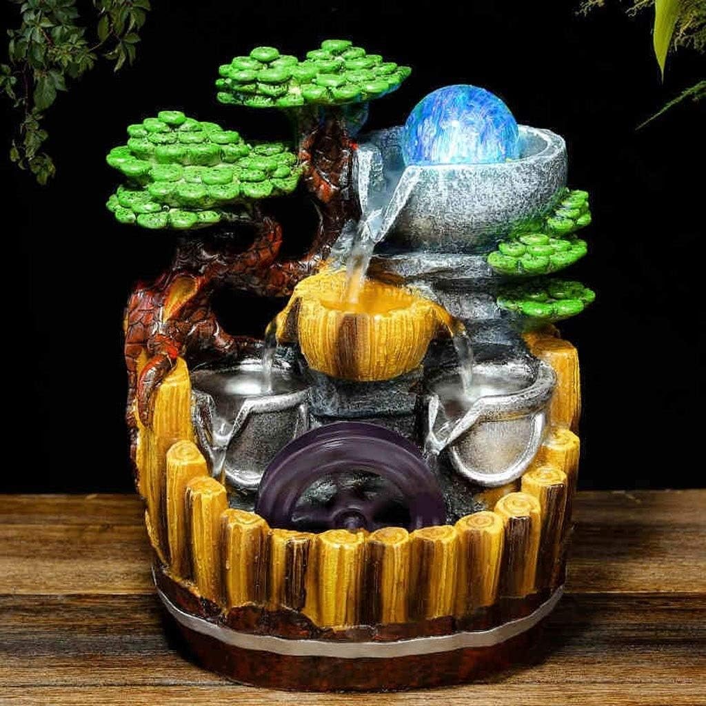 Indoor Fountains Creative Desktop Fountain Resin Rockery Fountain Decorated with Three Layers of Waterfalls and Rotating Beads Tabletop Fountain