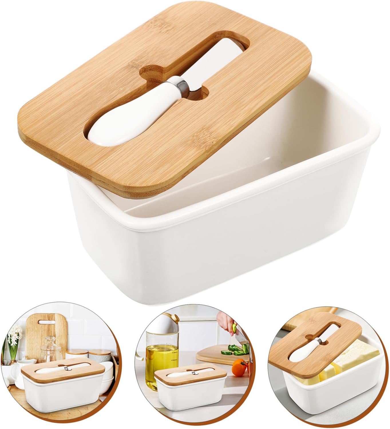 Ceramic Butter Storage Box Set with Cutter Airtight Butter Keeper with Wooden Lid Home Tableware and Slicing