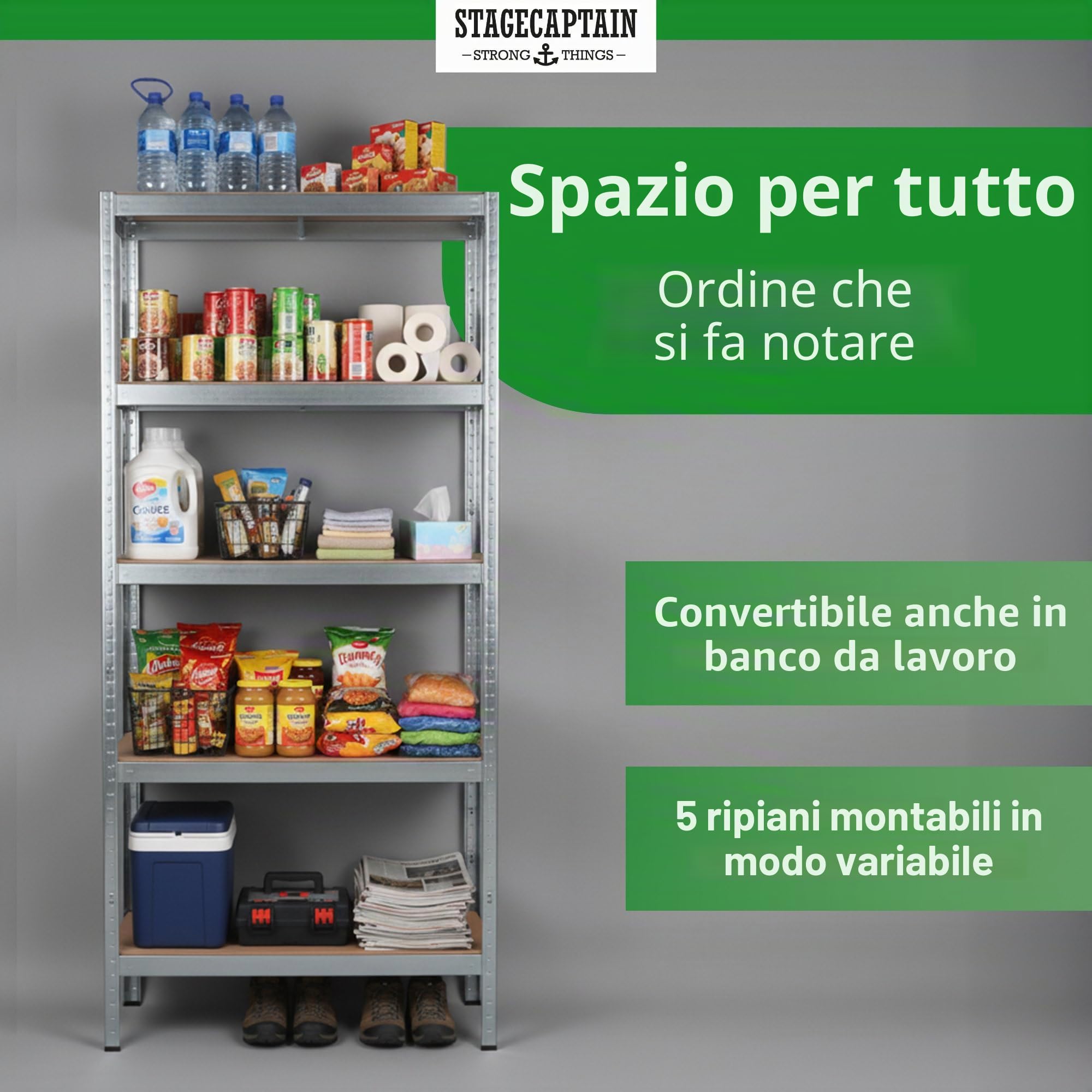 Stagecaptain Heavyrack HR-175 SR Sistema di 4 Scaffali in Metallo - Scaffalatura per magazzino - Scaffale per carichi pesanti - 875kg di capacità di Carico - 5 ripiani in legno regolabili - Argento