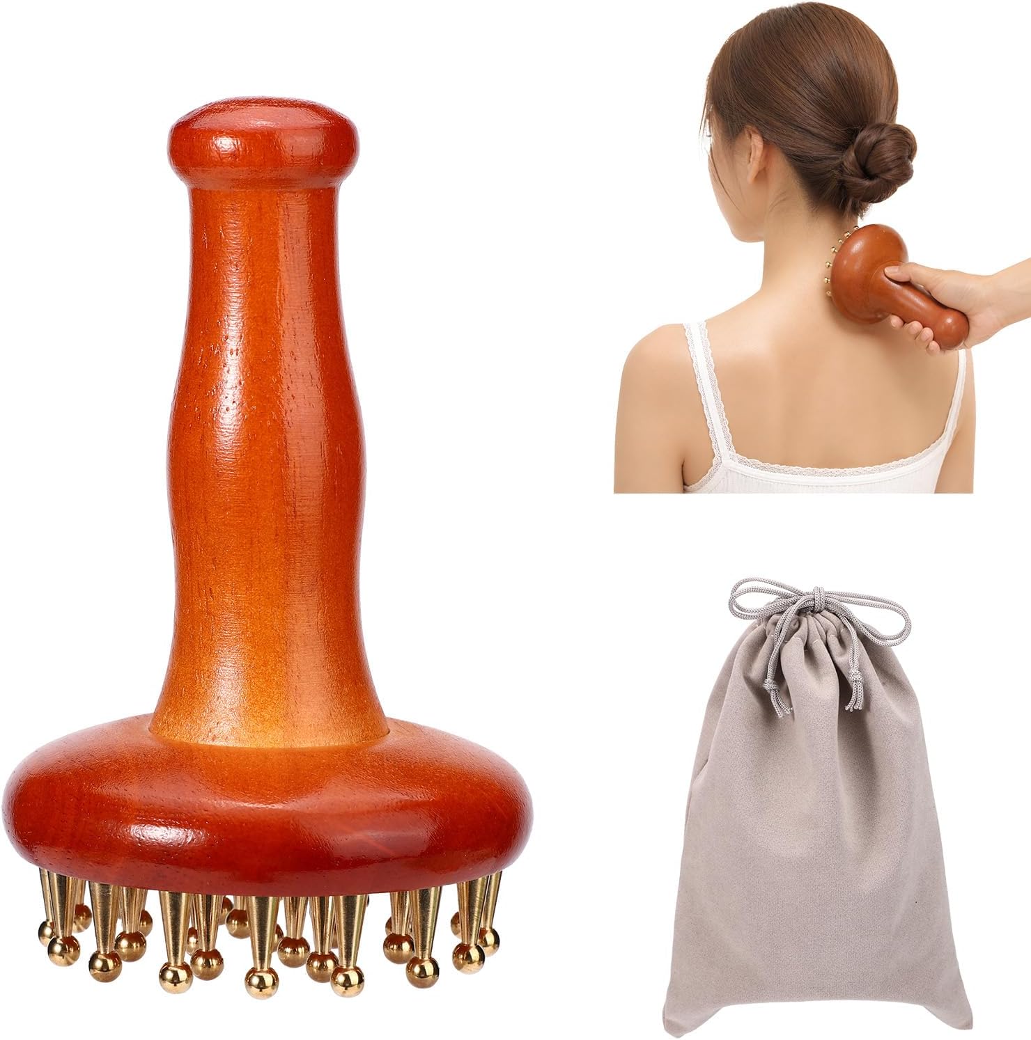 Meridian Massage Brush with 29 Copper Ball & Ergonomics Handle, Meridian Point Massager Comb with Storage Bag Chinese Spa Gua Sha Tool for Head Neck Back Arms Legs