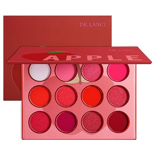 Red Pink Eyeshadow Palette, DE’LANCI Professional Matte Shimmer High Pigmented 12 Colors Eye Shadow Makeup Pallet, Waterproof Blendable Small and Cute Eye Shadow Makeup Pallete, Vegan and Cruelty Free - 12 Color Red Eyeshadow Palette