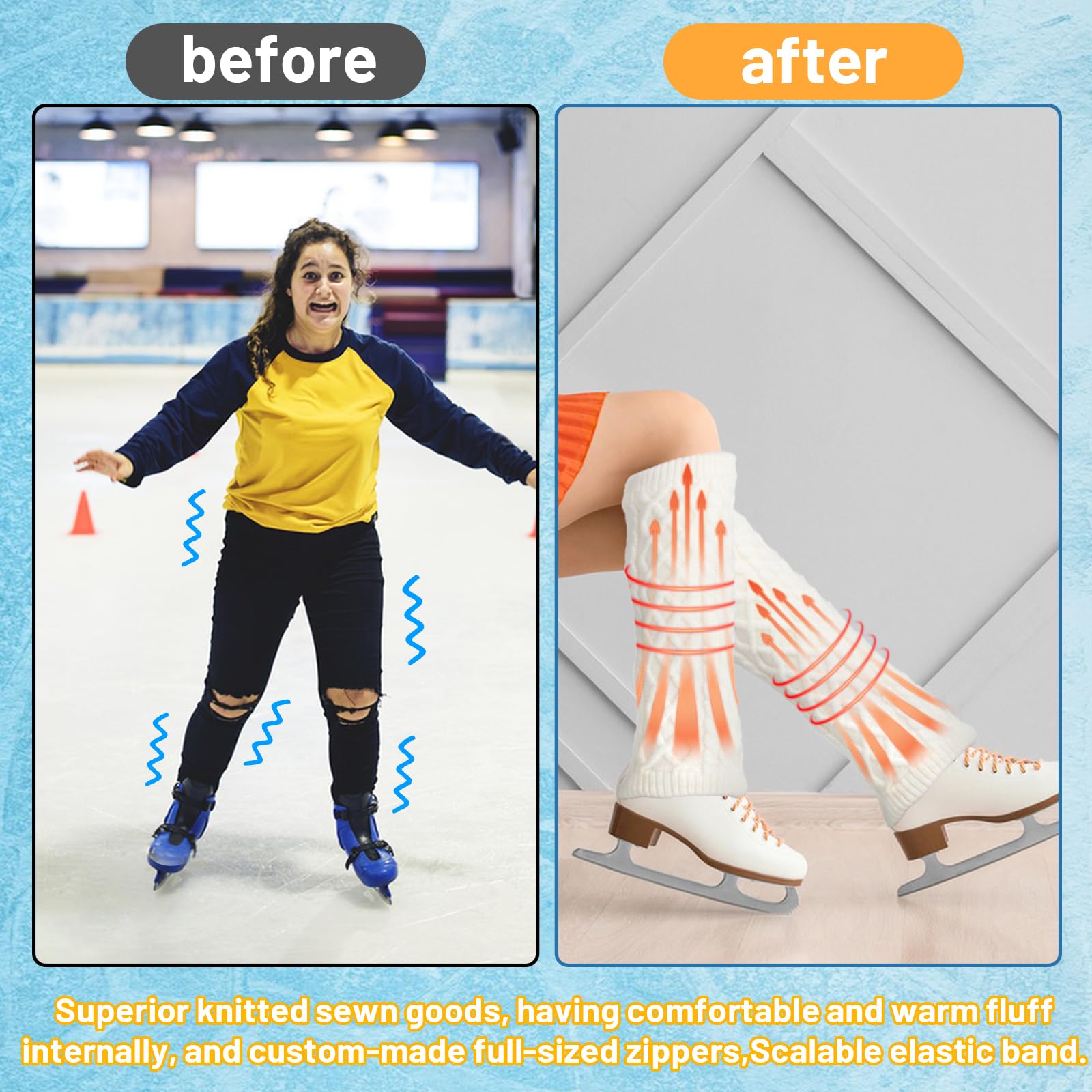 Juego de calentadores de piernas y diadema para patinaje artístico, hockey, patinaje sobre hielo, cálido punto de invierno, forro polar, calentador de piernas y diadema para ballet, danza,