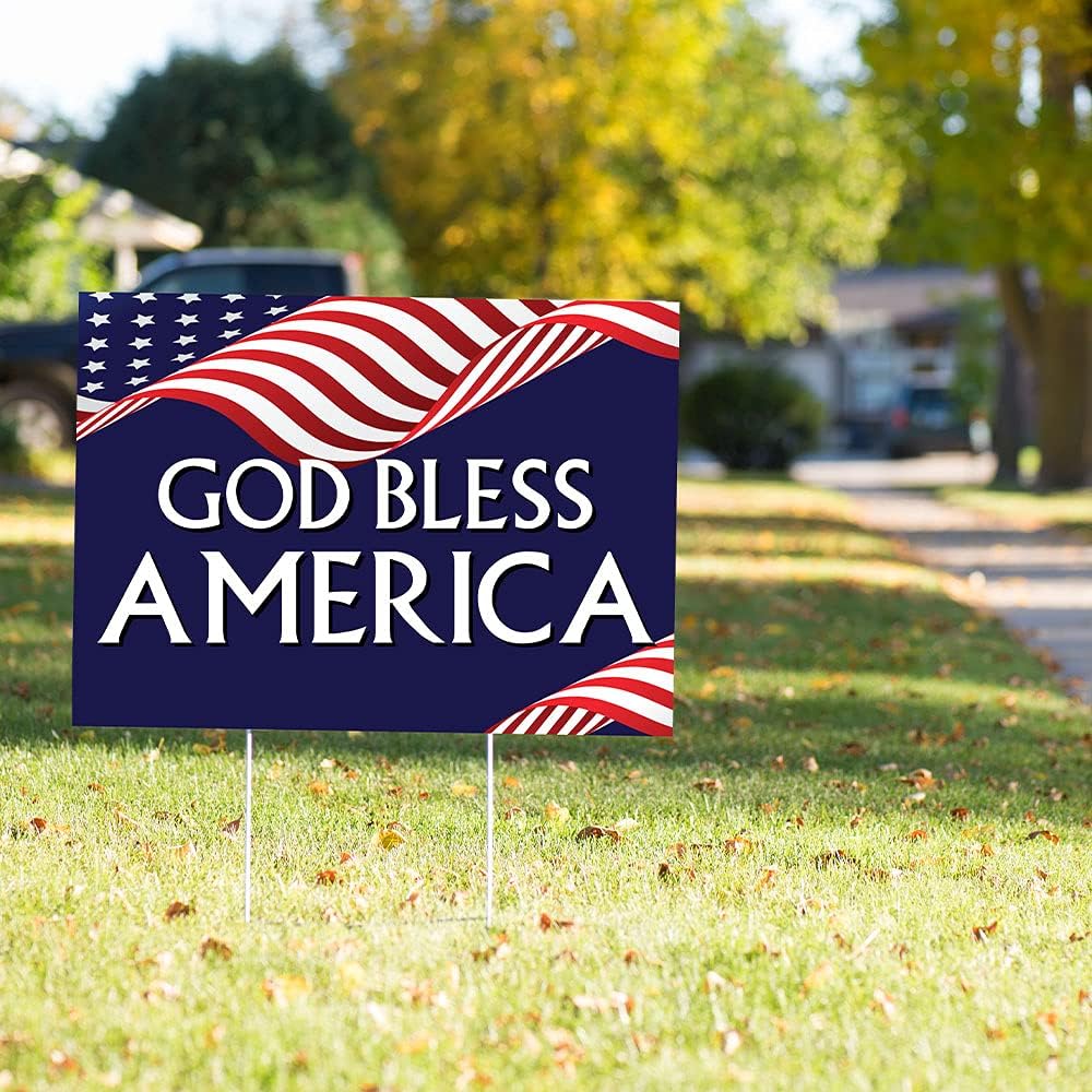 Vispronet God Bless America Yard Sign – 23in x 17in Corrugated Plastic, Weather Resistant Yard Sign with Stake – Indoor/Outdoor Patriotic Decoration and Décor
