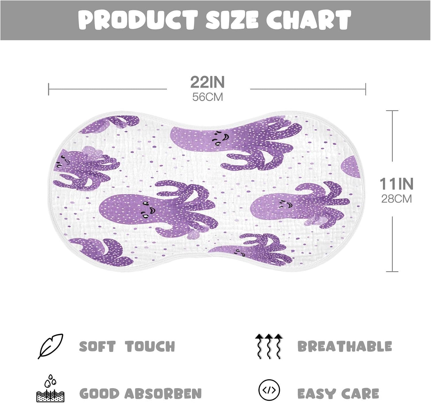 Cute Purple Octopus Pattern Baby Burp Cloths -4Pcs Soft Absorbent Muslin Washcloths Bibs Face Towel for Newborn Boys Girls 22 x 11 Inch