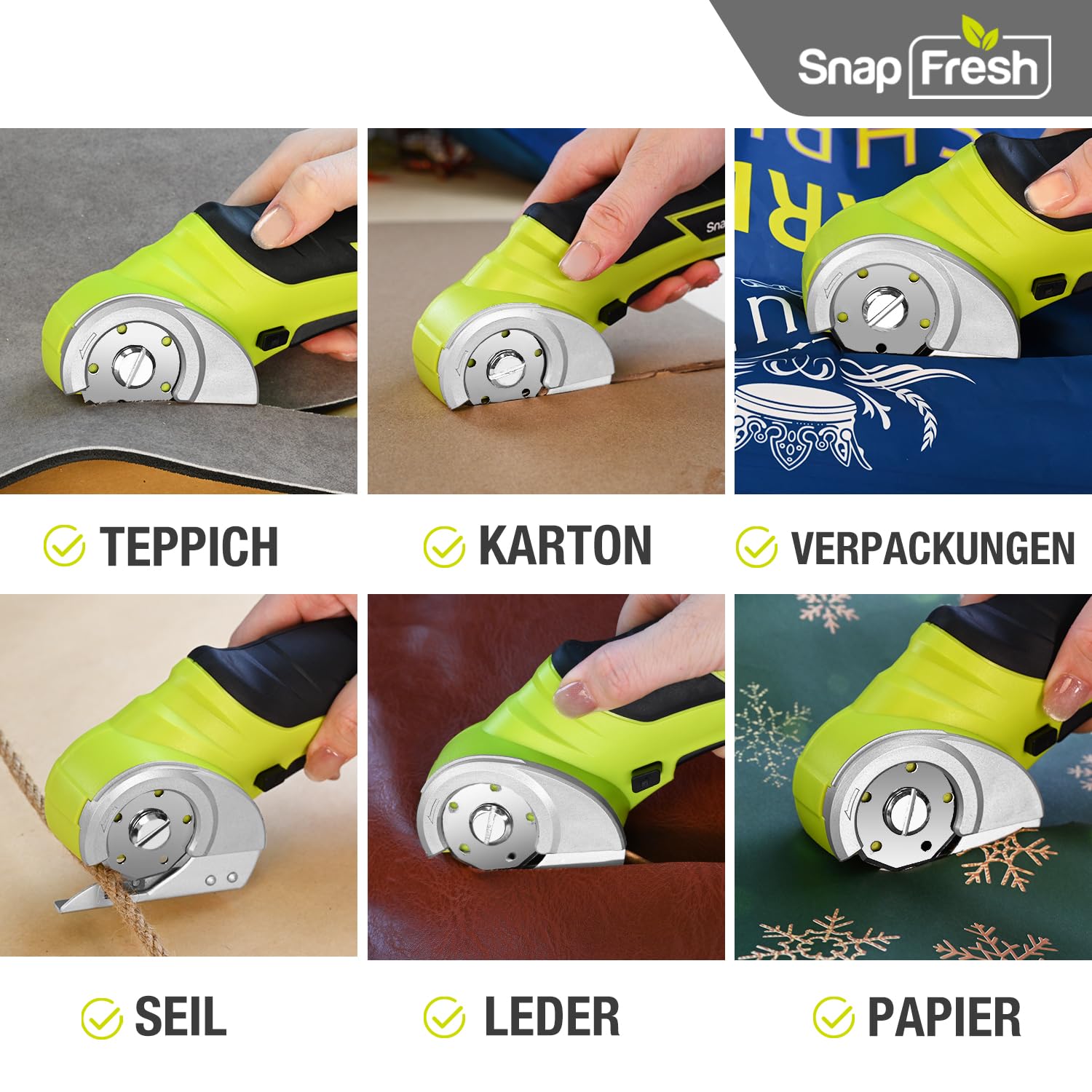 SnapFresh Kartonschneider Elektrische Schere 4V Kabellose Rollschneider Akku-Universalschneider Akkuschere - 2 Selbstschärfende Klingen - für Karton, Pappe, Teppich, Leder, Filz, Kunststoff