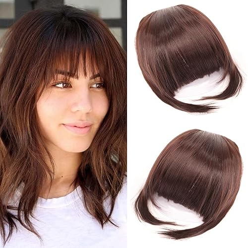 Flequillo con clip, extensiones de cabello con flequillo francés, flequillo curvado para mujer (flequillo francés, marrón oscuro)