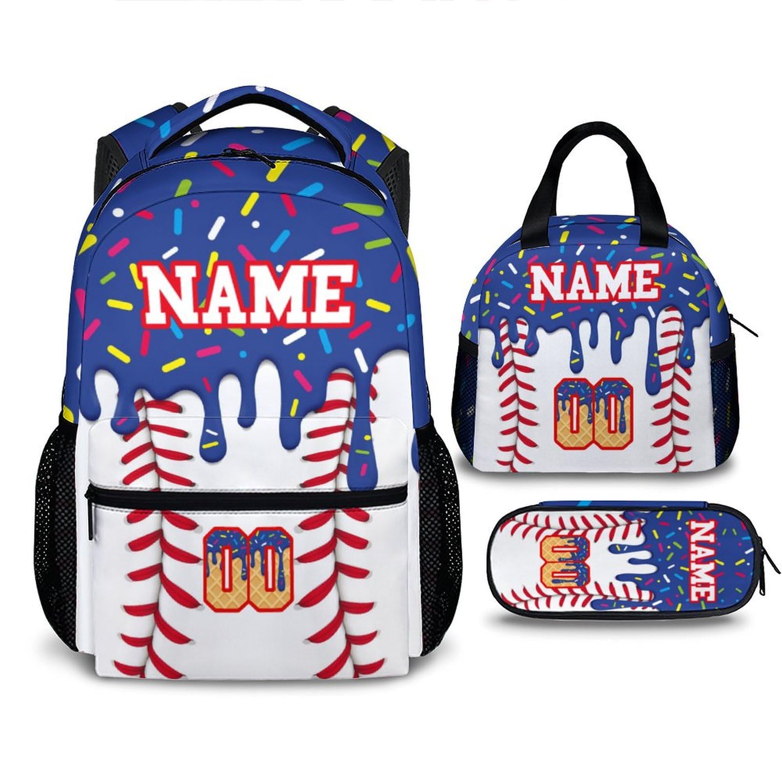 Kids School Backpacks Custom Baseball Backpack for Kids 6-8 17 Inch 3Pcs Set Blue Baseball Drip Schoolbag for