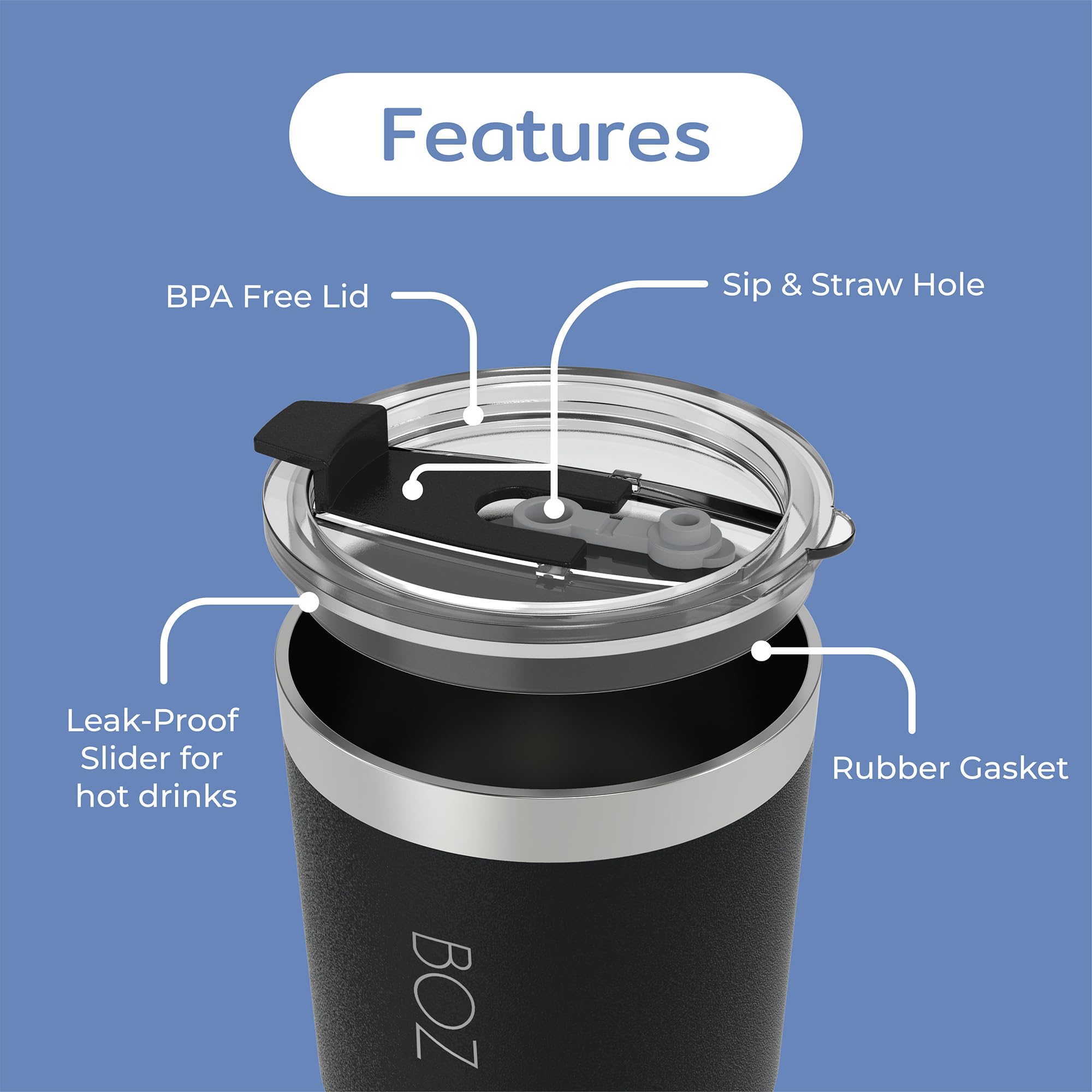 BOZ Tumbler, Tumbler with Lid and Straw, Insulated Tumbler Cup, Cups with Lid and Straw, Stainless Steel - Image 4