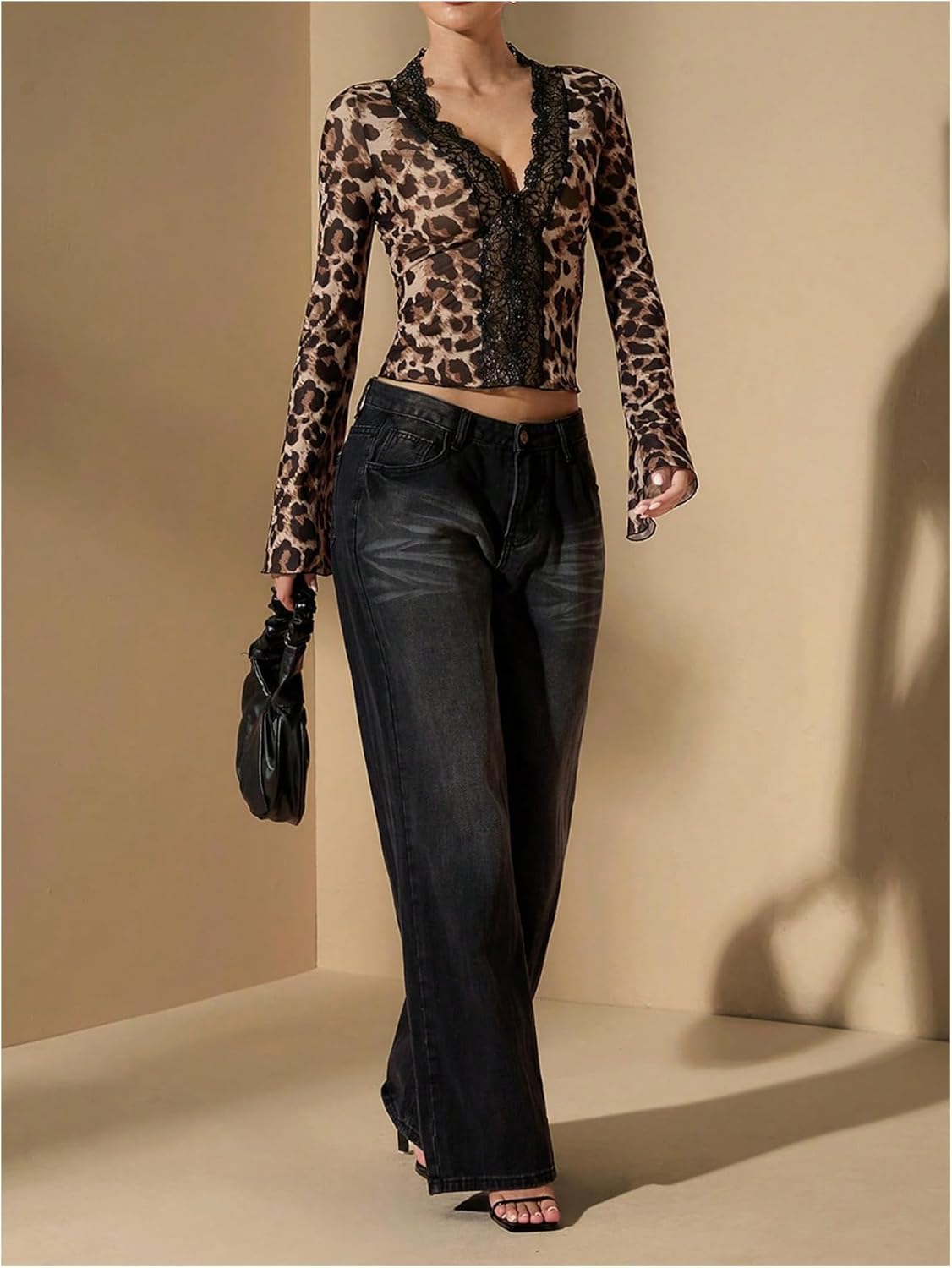 Floerns Women's Y2K Leopard Print Floral Lace Blouse Bell Sleeve V Neck Dressy Shirts - Image 3