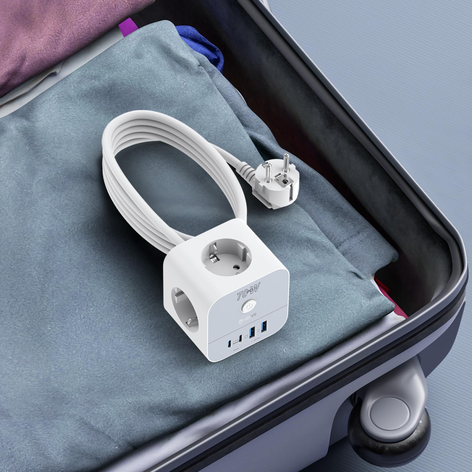 VEFVE Multiprise Cube 7 en 1 (Attention : Standard Allemand Schuko), Chargeur USB-C 70W GaN, 3 Prises (3680W) & 4 USB avec Interrupteur, Câble 3m, pour Laptops et Smartphones, Blanc