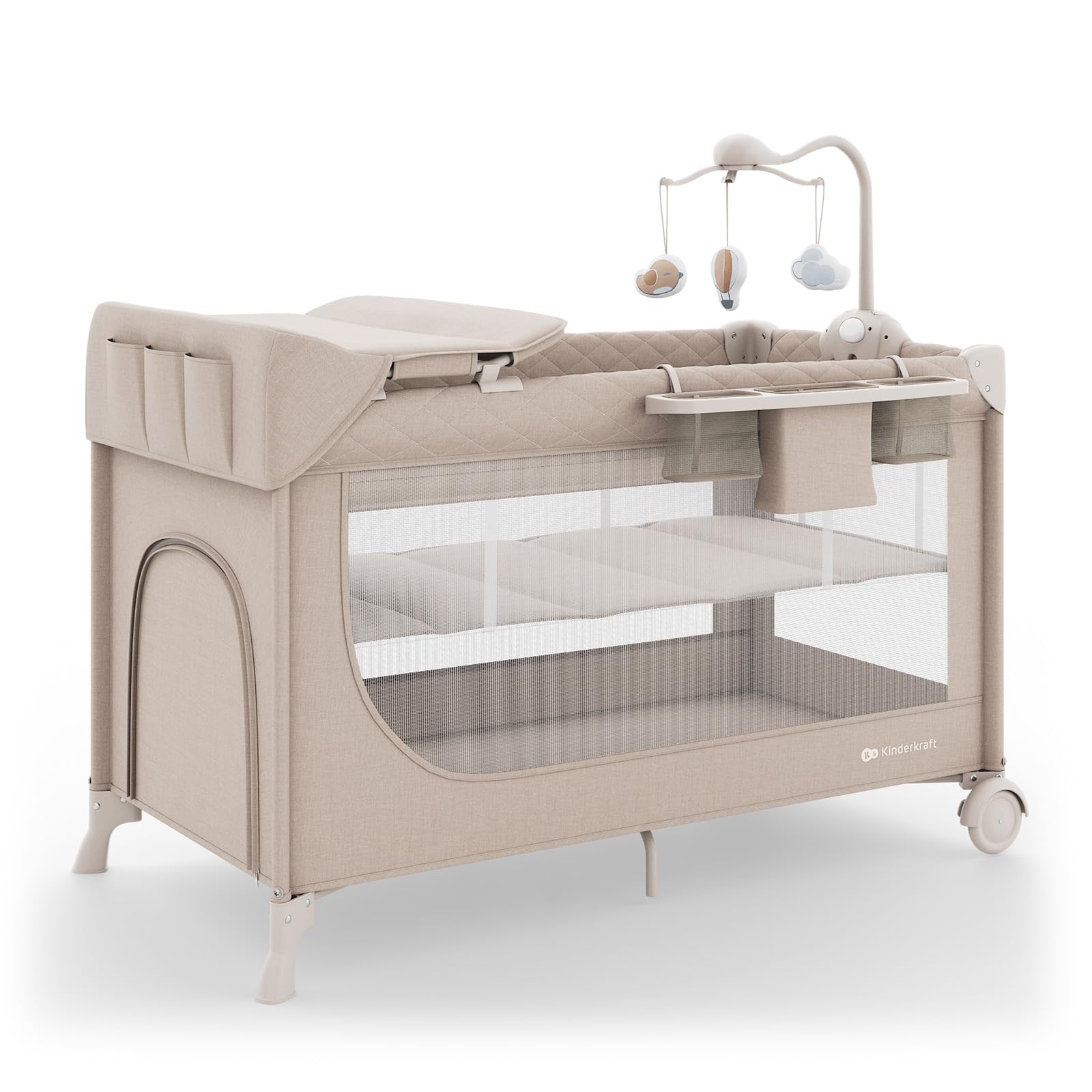 Kinderkraft LEODY UP, 2-in-1 Kinder- und Reisebett, Laufstall, klappbar, mit 2 Bodenhöhen, Rollen mit Arretierung, Seiteneinstieg, Mesh-Seiten, Tragetasche, Beige