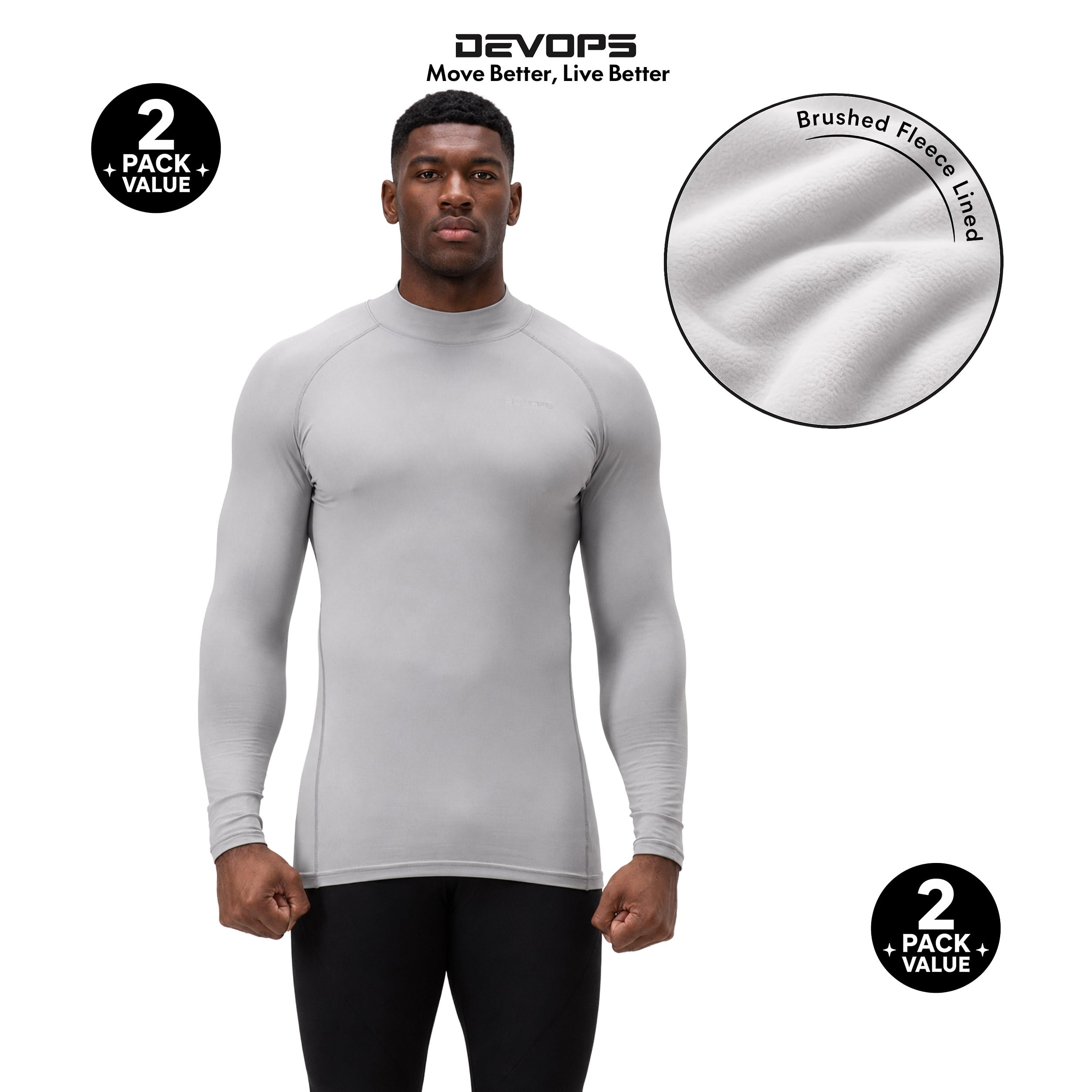 Devops Herren Devops 2 Pack Men's Thermal Mock Neck Long Sleeve Compression Shirts Fleece Lined Base Layer Tops Eng anliegend (2er Pack)