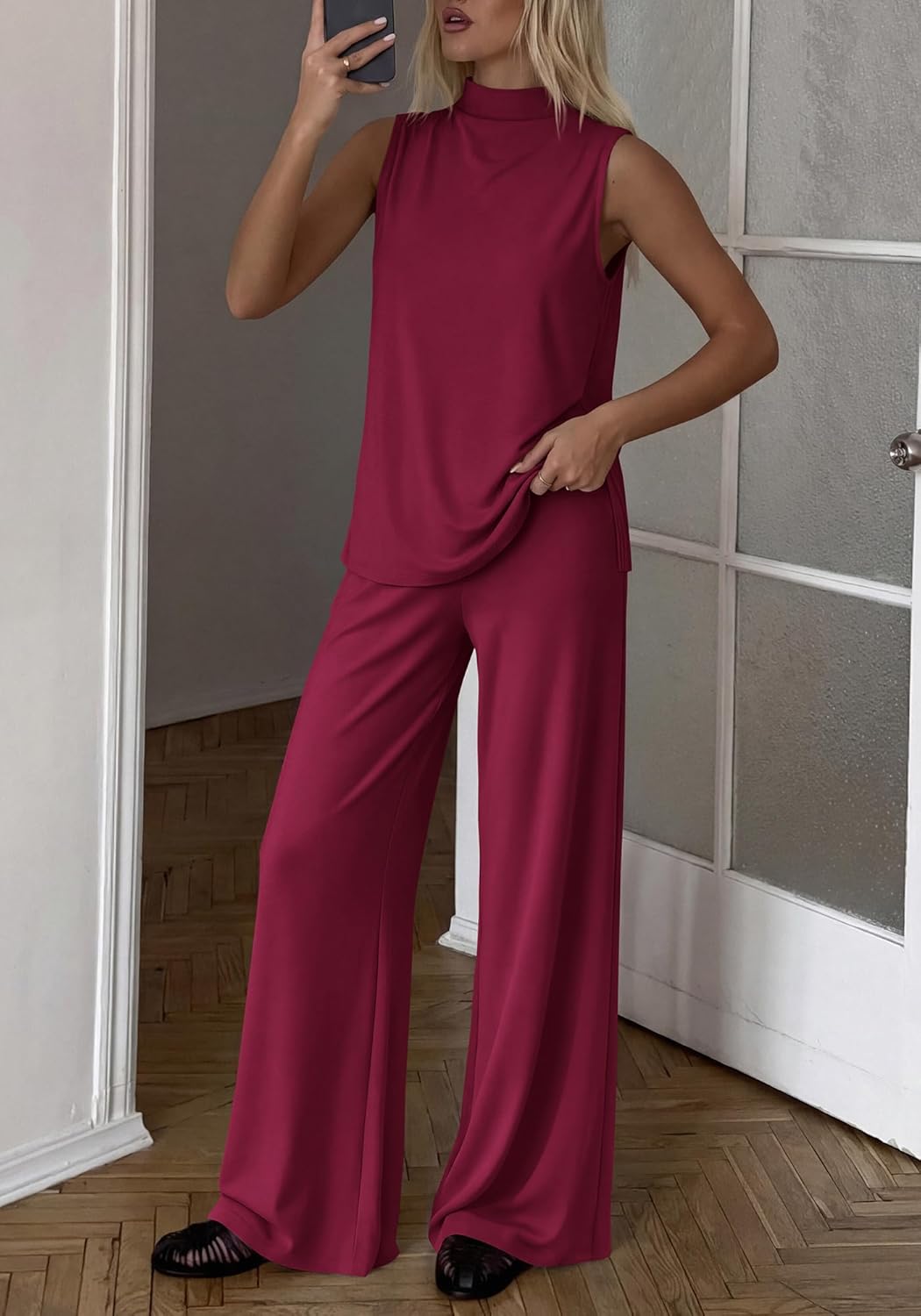 BTFBM Summer 2 Piece Lounge Sets For Women Sleeveless Mock Neck Top Wide Leg Pants Spring Vacation Airport Travel Outfits - Image 2