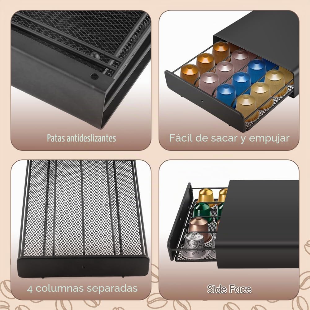 Soporte para cápsulas de café, cajón para guardar 40 cápsulas de café, dispensador de cápsulas de café de metal, con superficie antideslizante, color negro, 37,5 x 17,5 x 5,3 cm, 1160 g