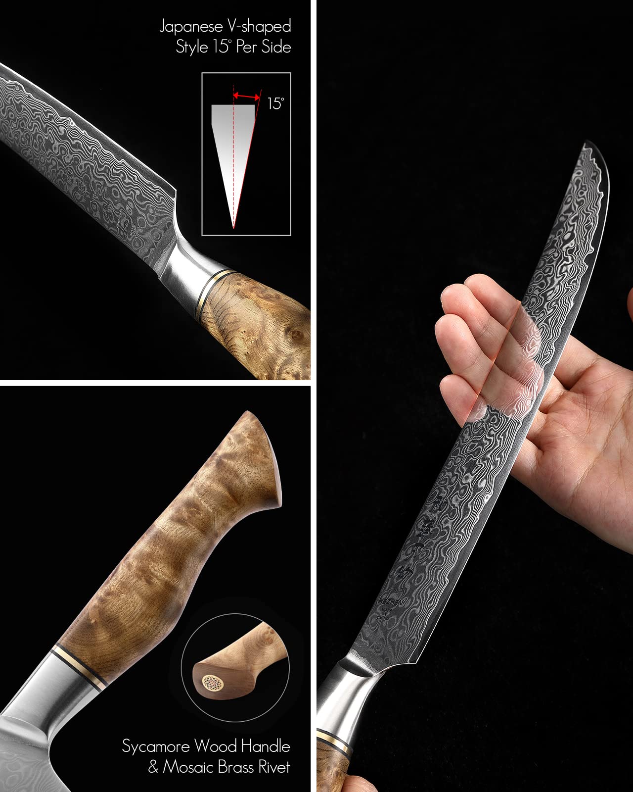 HEZHEN 10-Inch Slicing Knife with Granton Edge –67 Layers Damascus Steel, Professional Carving Knife for Brisket, Roast & BBQ, Figured Sycamore Handle — Amazon image 5