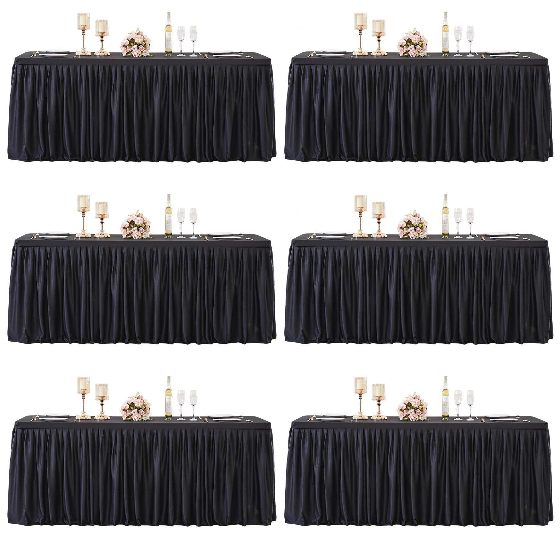Party Talk 6 Packs Black Polyester Table Clothes for 6 Foot Rectangle Tables, Wrinkle Free Fitted Table Cover 6ft Stretch Tablecloths with Skirt for