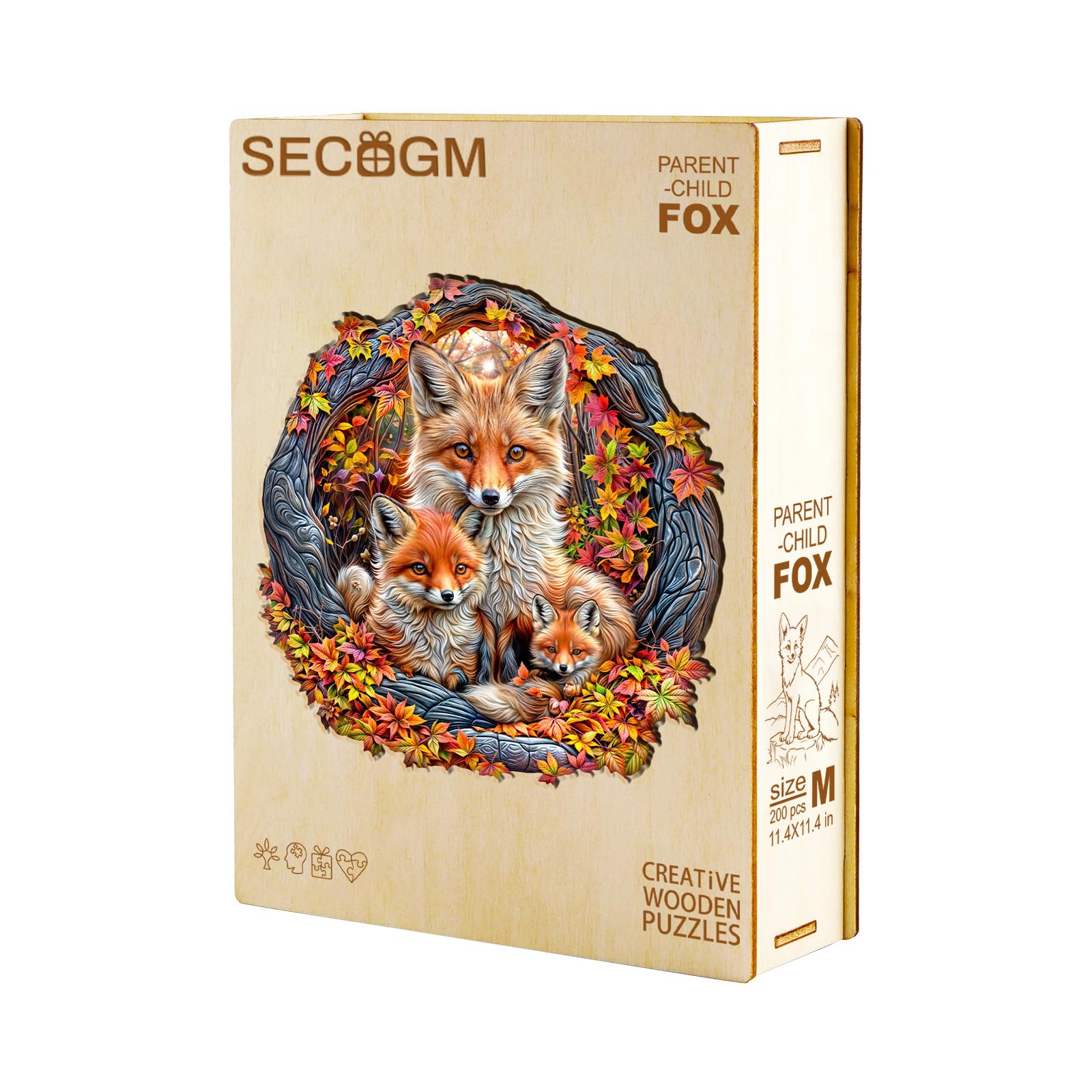 Puzzles en bois pour adultes – Puzzle en bois de renard parent-enfant – Puzzle unique en forme d'animal – Décoration écologique pour la maison et le bureau (M-29 x 28,7 cm)