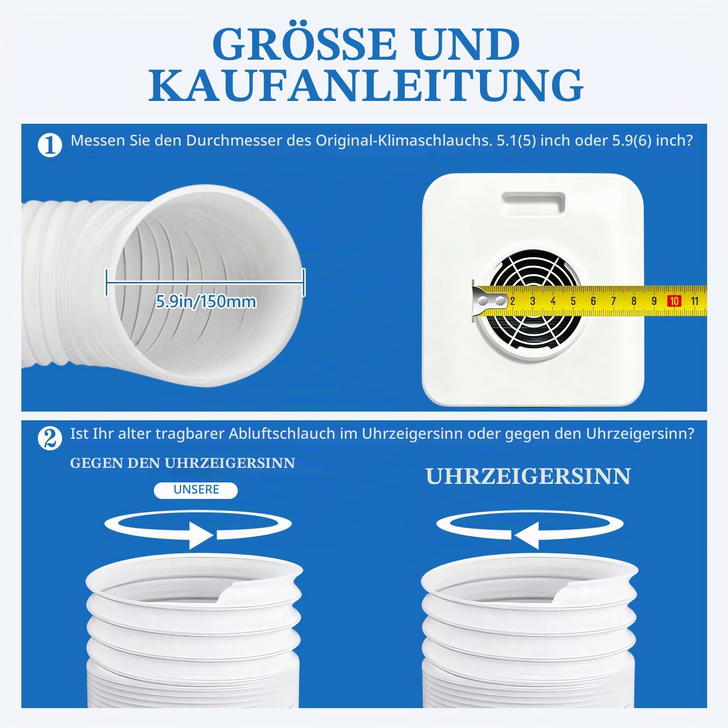 Tissting Abluftschlauch Klimagerät OD 130mm/5,1Zoll 3 Meter | Einziehbar Weiße PP Flexschlauch Gegenuhrzeigersinn Linksgewinde AC Verlängerungsschlauch für Mobile Klimaanlagen
