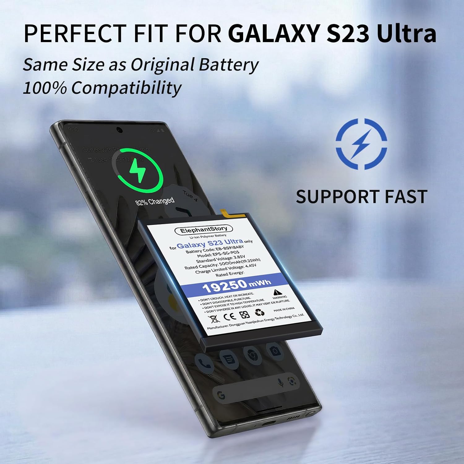 ElephantStory Replacement Battery for Samsung Galaxy S23 Ultra: EB-BS918ABY High Capacity Upgraded Li-ion Polymer Battery for Galaxy S23 Ultra 5G SM-S918U S918U1 S918B S918W with Repair Tool Kit