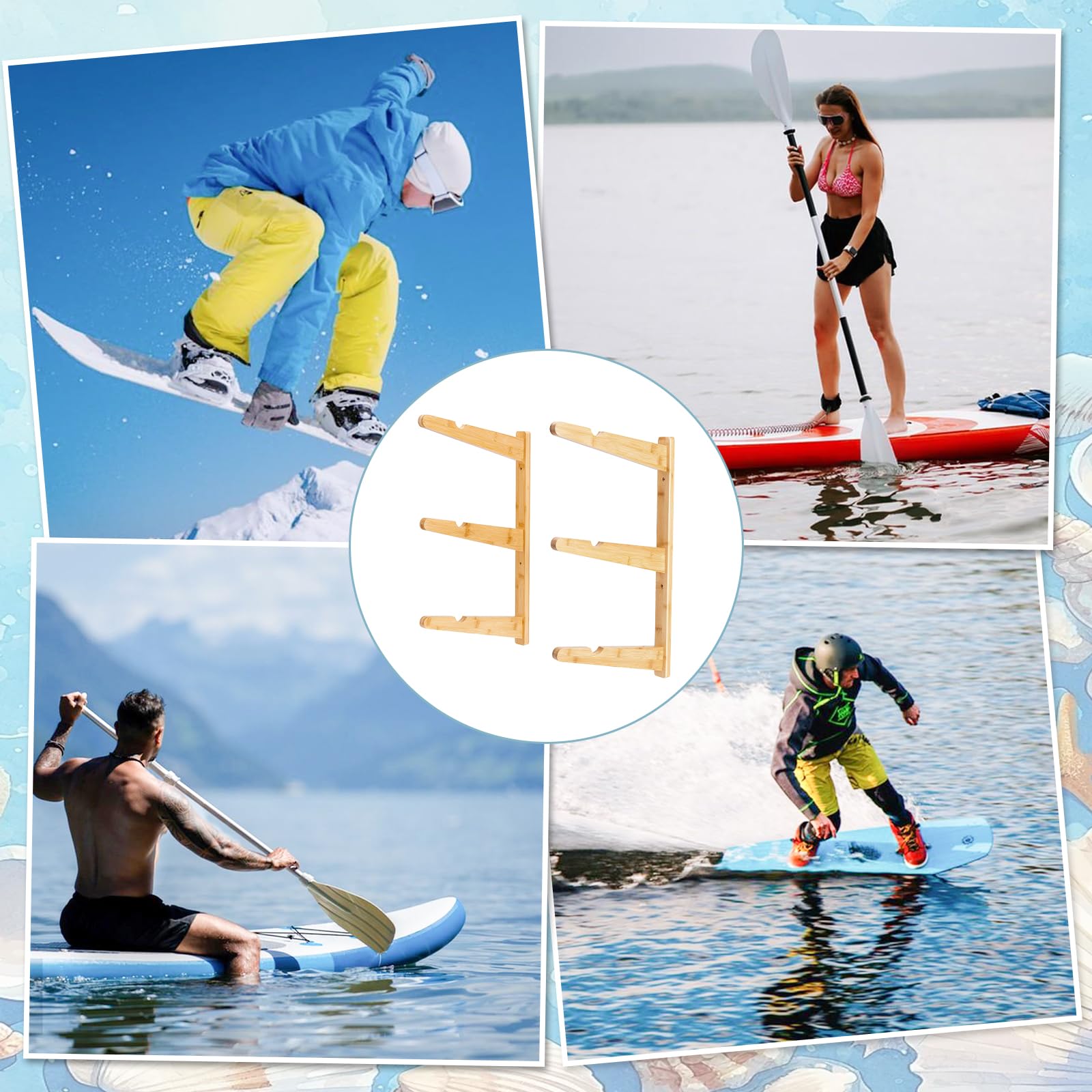 1 Support Mural pour Planche de Surf Support de Suspension pour Planche de Surf en Bambou à 3 Niveau Support Mural pour Shortboard Skimboard et Longboard Idéal 60x4x1.85cm