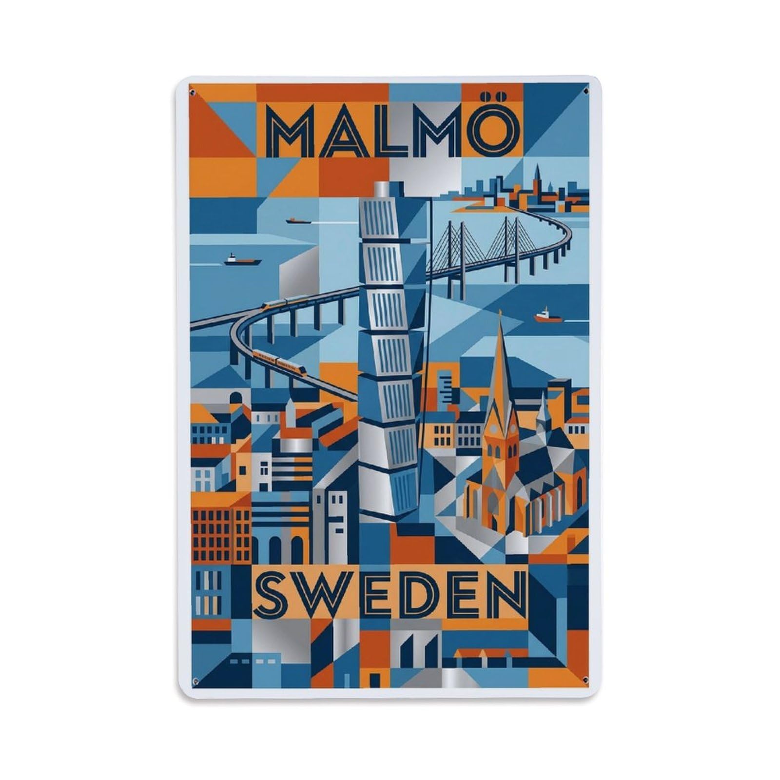 Vintage Travel Malmo Sweden Geometric Metal Tin Sign Plaque Wall Decor for Cafe, Club Bar, Office, Home Garden Metal Poster 8x12Inch