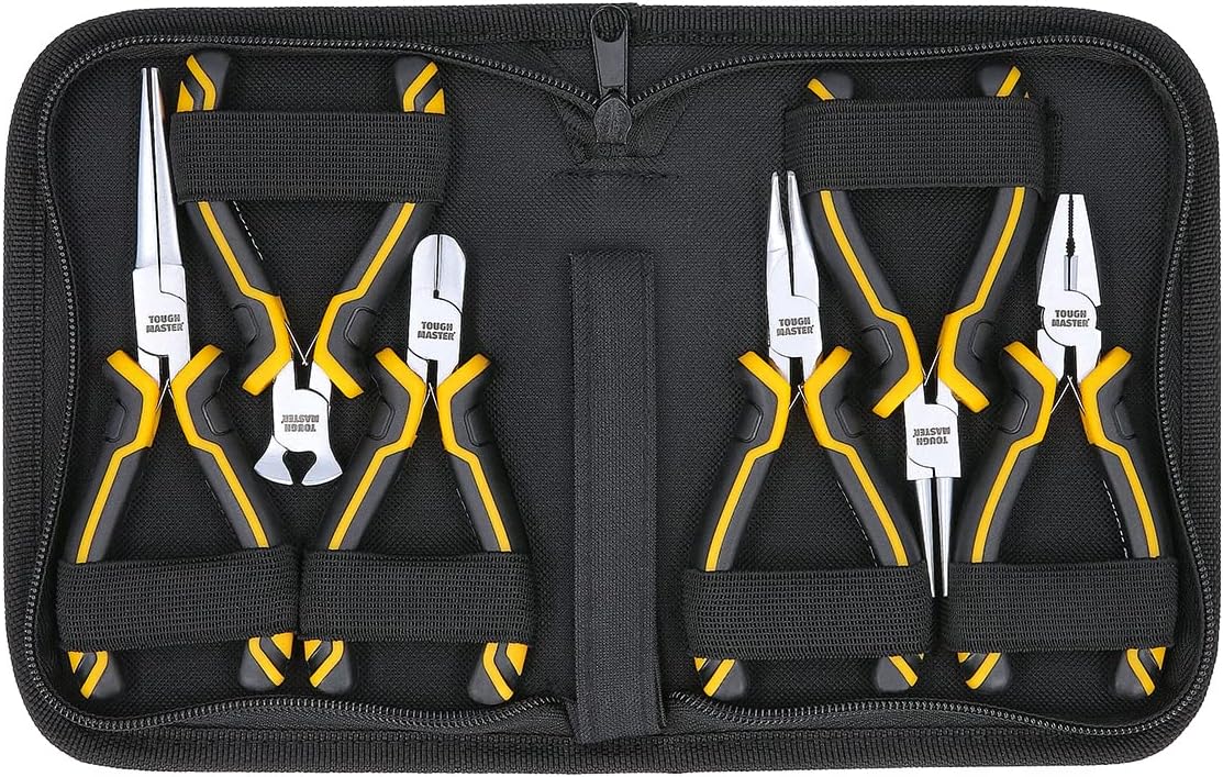 TOUGH MASTER Mini Pliers Set 6pcs Jewellery Plier Tool Kit with Zip Storage Case Needle Nose