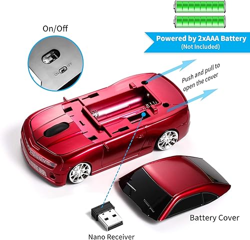 Miniatura 5 de BKLNOG Ratón inalámbrico para coche actualizado con faros LED, 1600 DPI ratón en forma de coche deportivo para Mac, computadoras, rojo