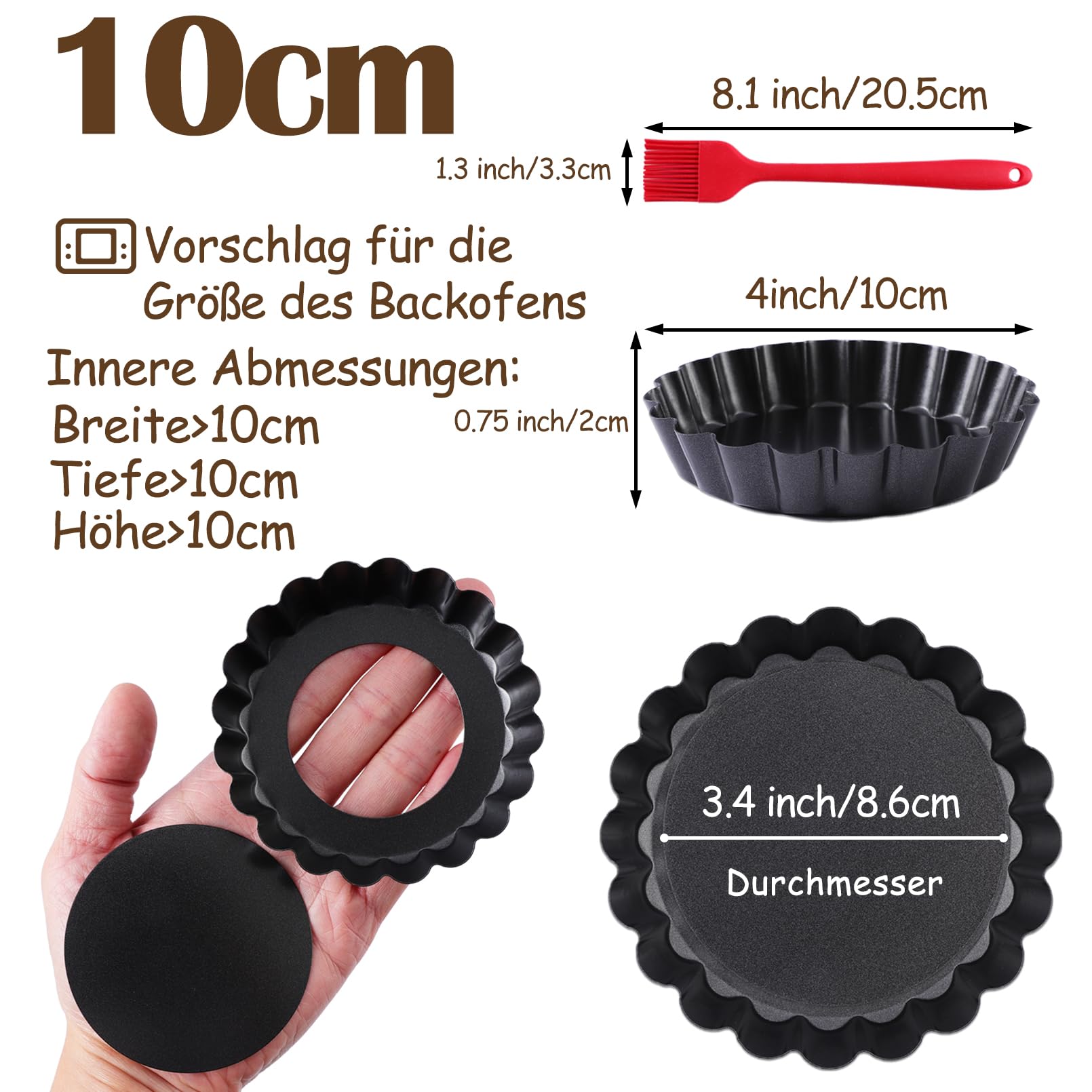 8 Pirottini Per Tartelette Con Fondo Removibile – Antiaderenti, Acciaio Al Carbonio, 10 Cm – Con 2 Pennelli Silicone