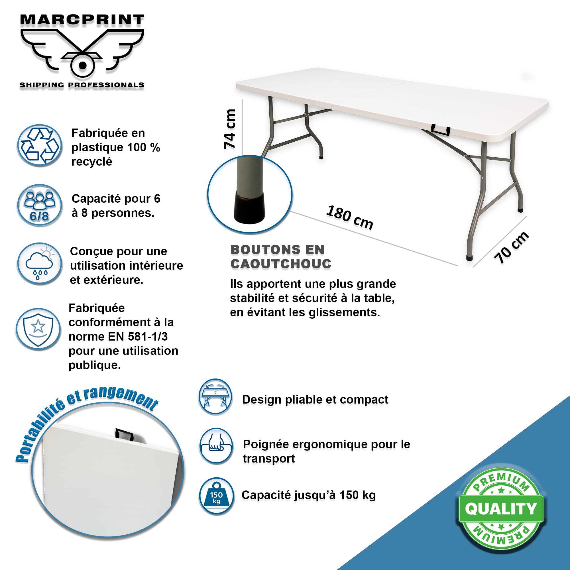 Table Pliante, 8 Places 180 x 74 x 70 cm,175 kg Max - Table Pliante Exterieur, Interieur Rectangulaire - Table de Jardin Pliante Blanche, Buffet, Fêtes, Camping - Stable et Robuste