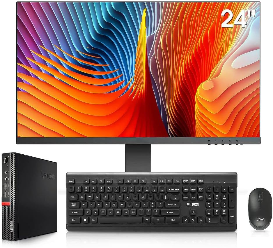 Lenovo ThinkCentre M710q Tiny Desktop Mini PC with 24 inch FHD Monitor, Intel i5-6500T, 16GB RAM 256GB NVMe SSD, Built-in AX210 Wi-Fi 6E Bluetooth HDMI Wireless Keyboard and Mouse Desk Pad (Renewed)
