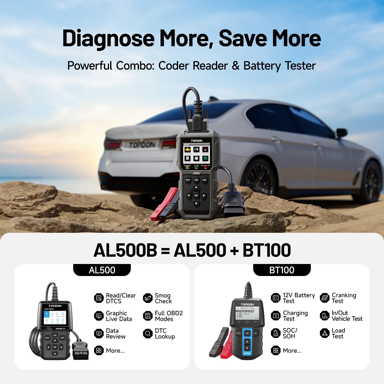 TOPDON AL500B Lecteur de Codes OBD2 avec Fonctions OBD2 complètes et testeur de Batterie, Tests de Batterie 12 V, Tests de démarrage et de Charge 12 V / 24 V, Mise à Jour Gratuite du Logiciel