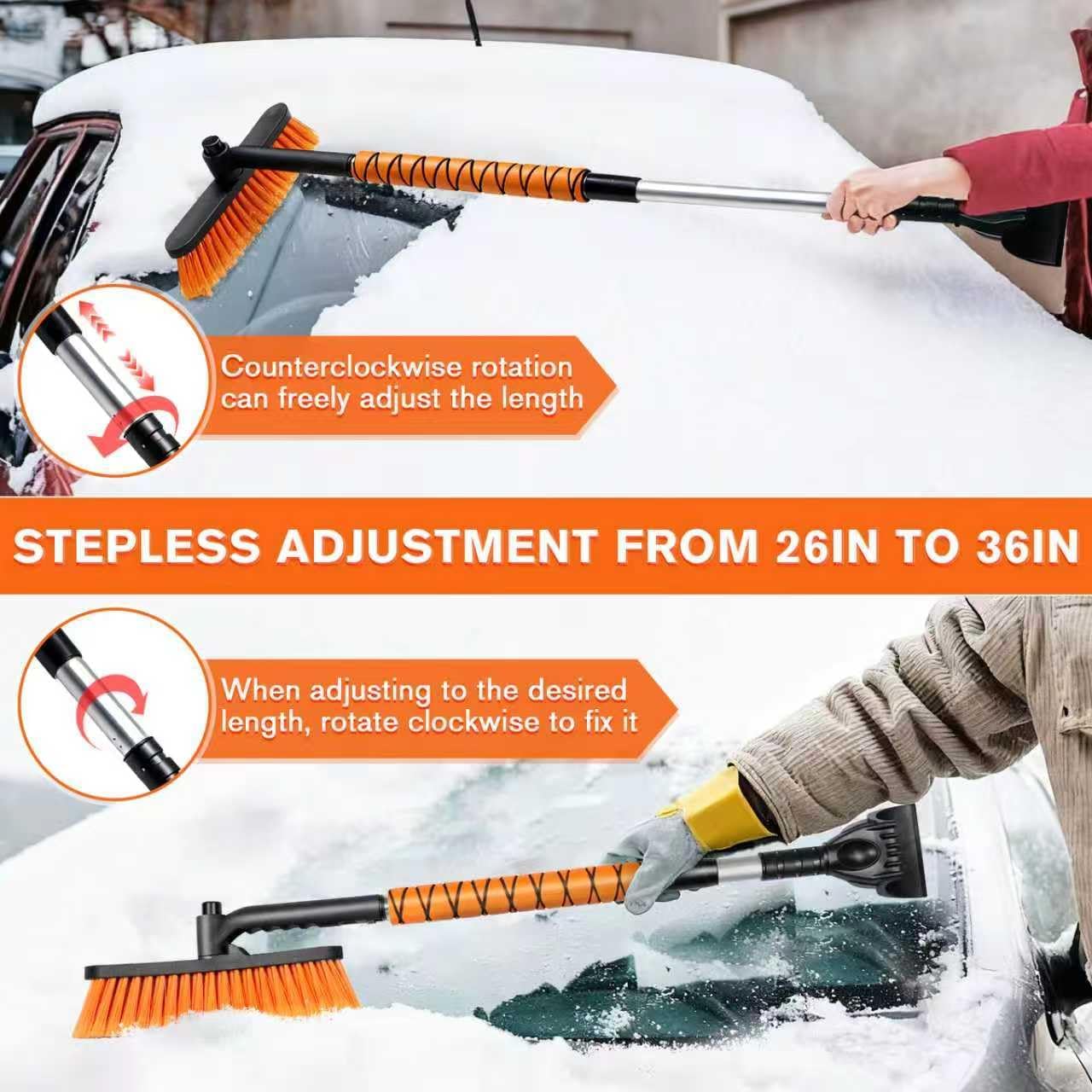 Telescopic Snow Brush Ice Scraper Combo, 2-in-1 Adjustable Length 26-36in & 360° Pivoting Head for Car Truck SUV, Christmas Auto Gifts