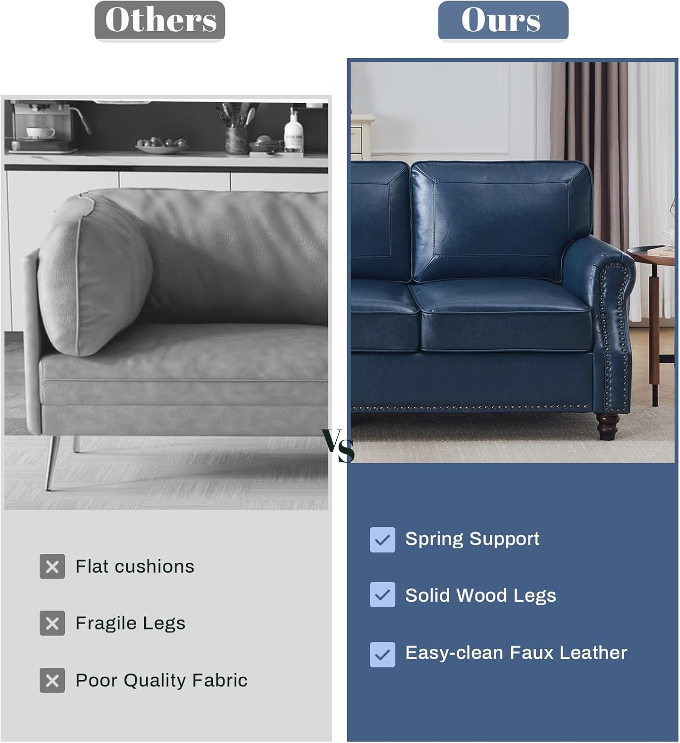 WILLOVE 3 Seater Sofa with Chair, Mid-Century Modern Faux Leather Couch Set for Living Room, Darkbrown with Rolled Arms & Nailhead Trim, Easy Assembly, Blue