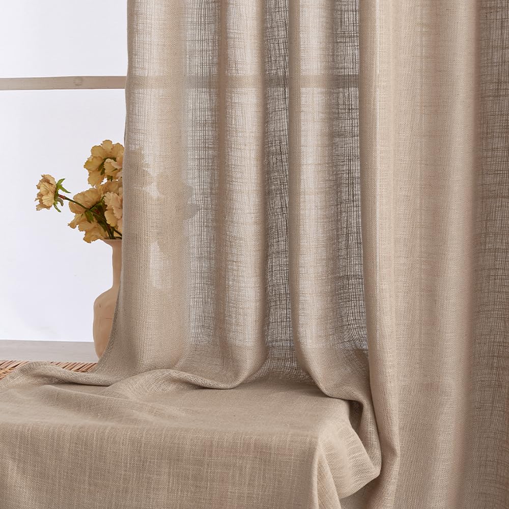 EMEMA Gardinen Leinenvorhang Vorhänge mit Kräuselband Dunkelbraun 140x280cm | Gardinen mit Kräuselband 2er Set Leinenvorhang für Wohnzimmer Dekoschal Küchengardinen Schlaufenschal Schlafzimmer 140x280cm