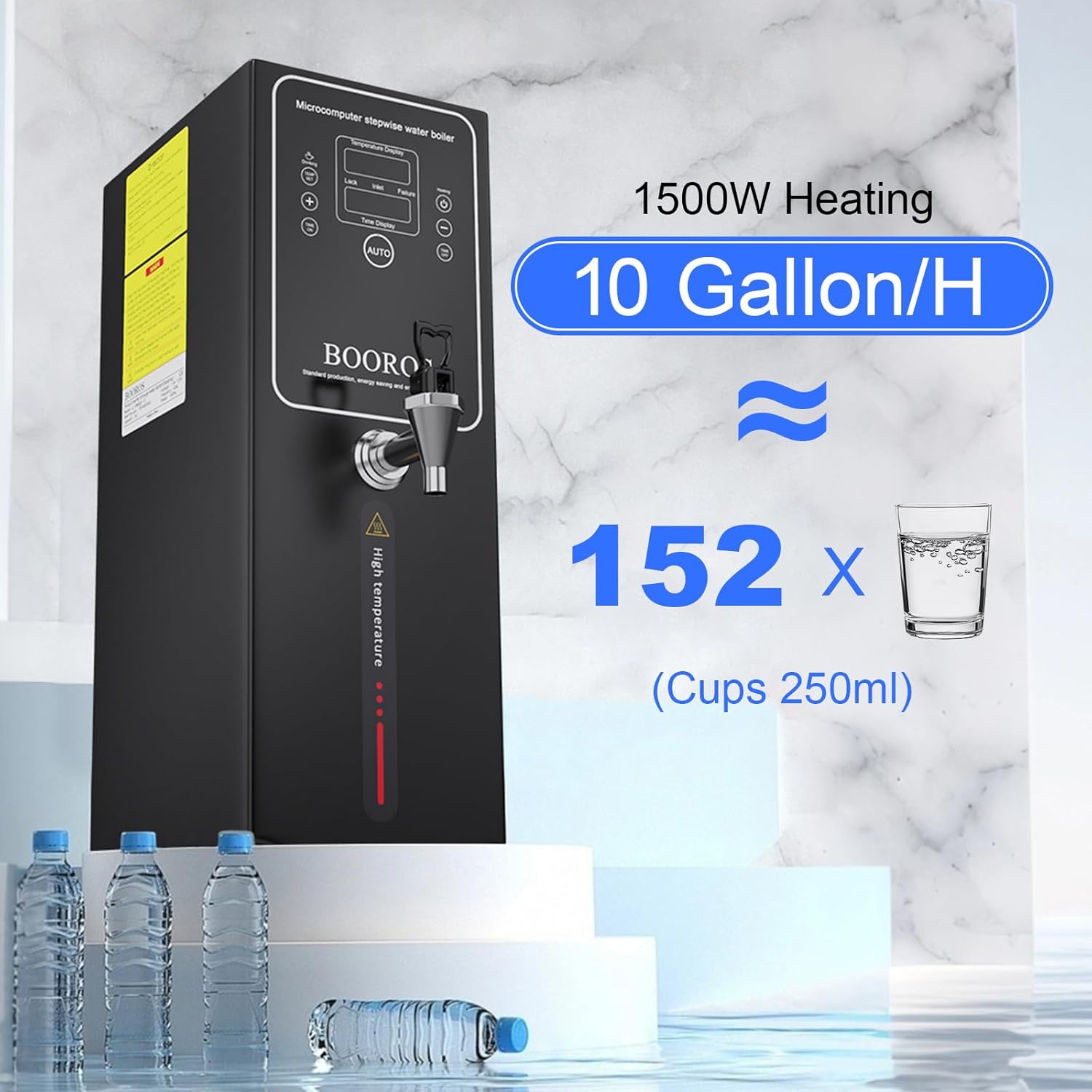 BOOROS Commercial Hot Water Dispenser Black Hot Water Dispenser Countertop 15L Commercial Hot Water Boiler, 24-Hour Timer,1500W Step-heating 38L(10GAL)/Hour for Restaurant,Hotel,Office,Home,Capacity