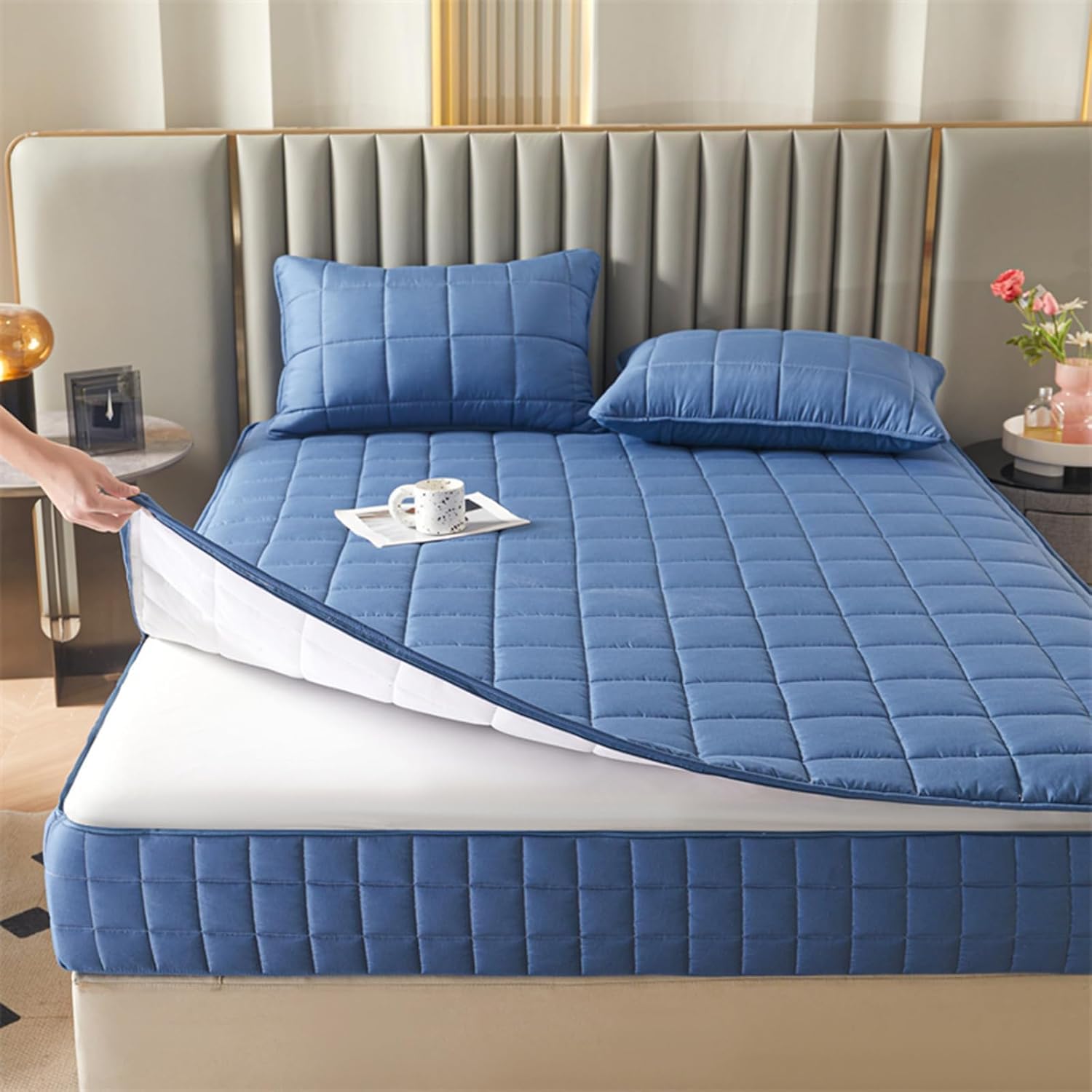 Matratzenbezug mit Reißverschluss, anpassbare Größe, einfarbig, warm und bequem, extra weicher Matratzenschoner-Blue- 180x200+25cm