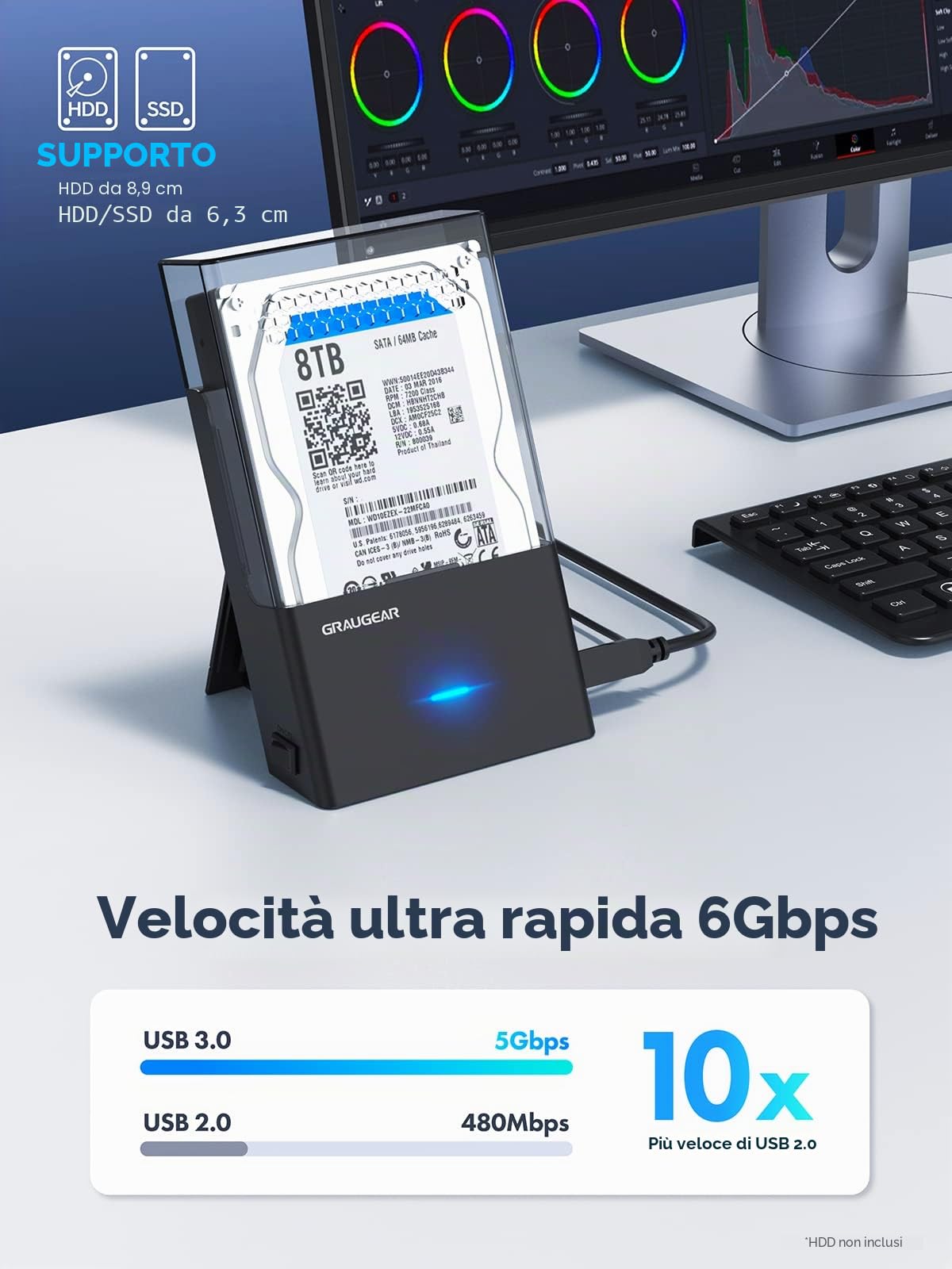 GRAUGEAR | Docking station per disco rigido SATA da 3,5 pollici, 2,5 pollici, alloggiamento per hard disk | USB 3.0 | USAP | Adattatore USB-C con | G-3502-AC
