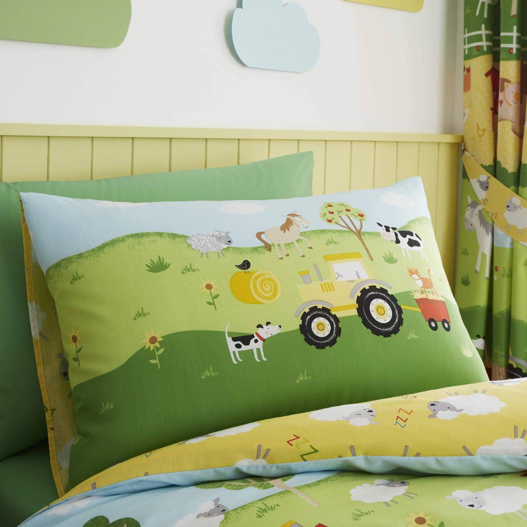 Happy Linen Company Kids Boys Girls Farm Animals Green Reversible Pair Of Pillow Cases