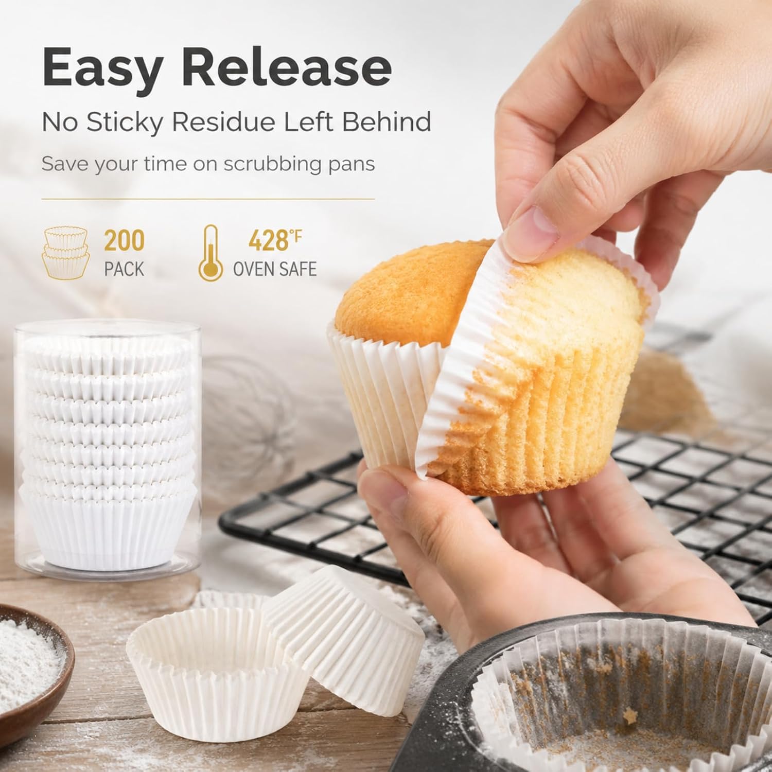 200 Count Non-stick Standard White Cupcake Liners, Food-grade Parchment Muffin Liners, Greaseproof Baking Cups for Cupcakes, Muffins and Nuts