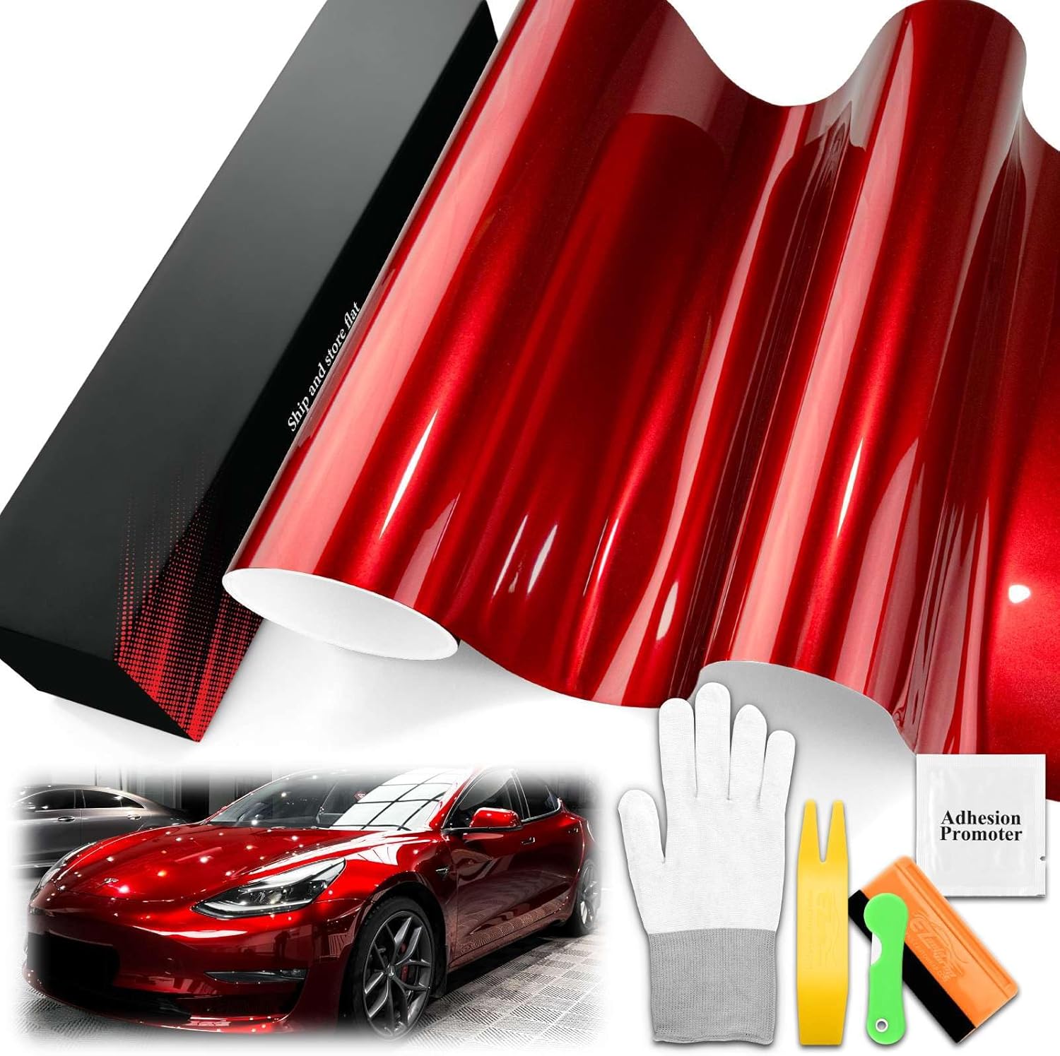 5FTx7FT PET Super Gloss Metallic Cherry Red High Glossy Vinyl Wrap Auto Car Sticker Decal Film Sheet Bubble Free Air Release Technology with Tool Set
