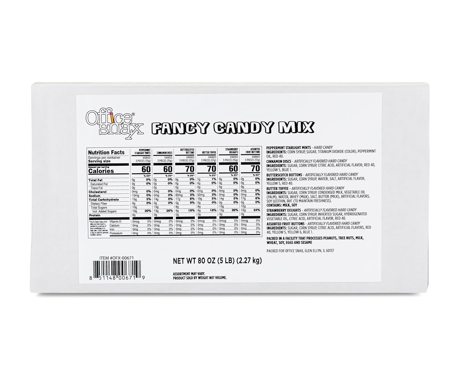 Office Snax 5lb Box Individually Wrapped Fancy Mix Hard Candy, Features Strawberry Bon, Butterscotch, Peppermint Discs & Assorted Fruit Barrels and More, Great for Meetings & Welcome Desks