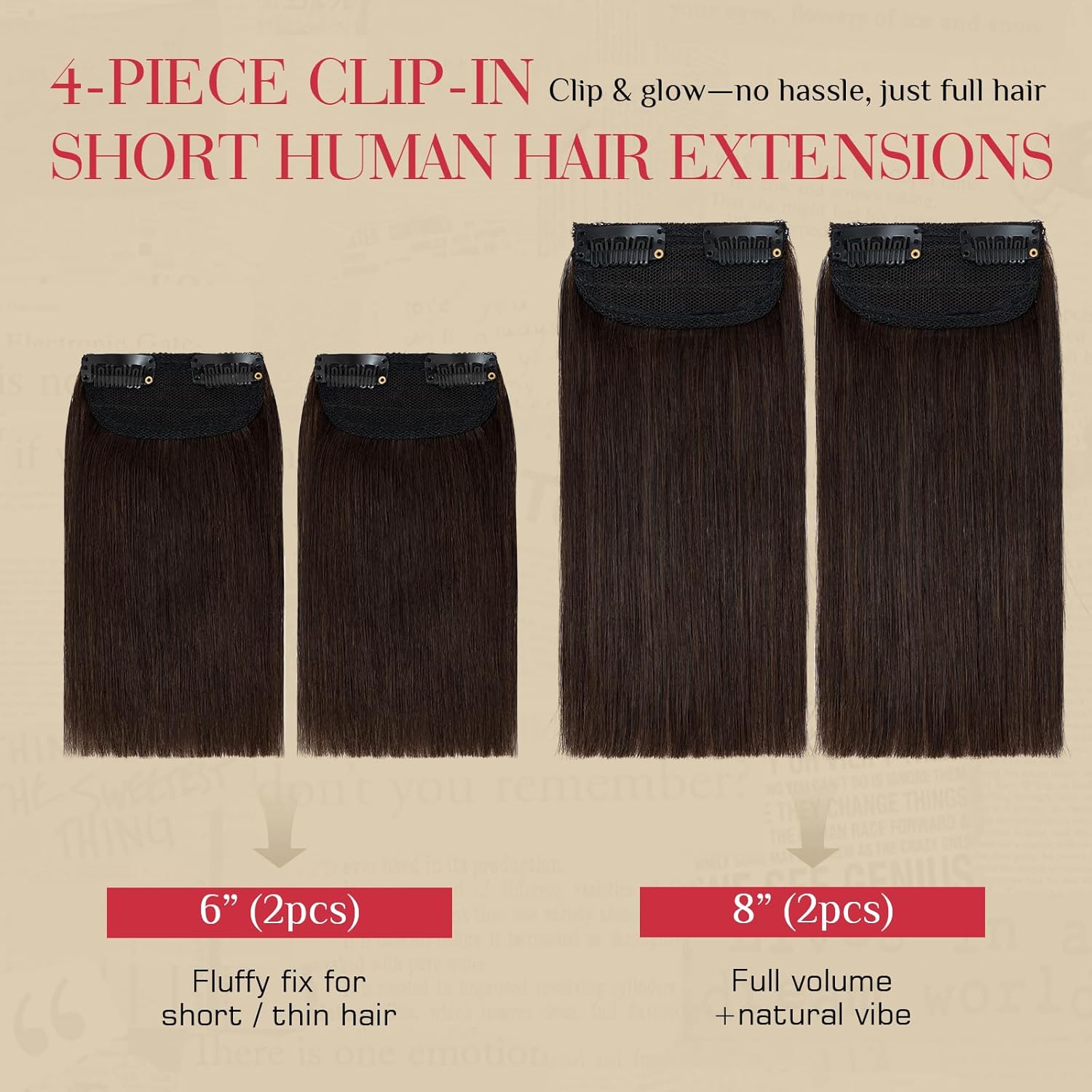 Rich Choices Short Clip in Hair Extensions Real Human Hair - 4PCS Remy Mini Clip ins Hairpiece for Women - Hairs Extensions for Thin Hairs 2PCS 6inch+2PCS 8inch #2 Dark Brown