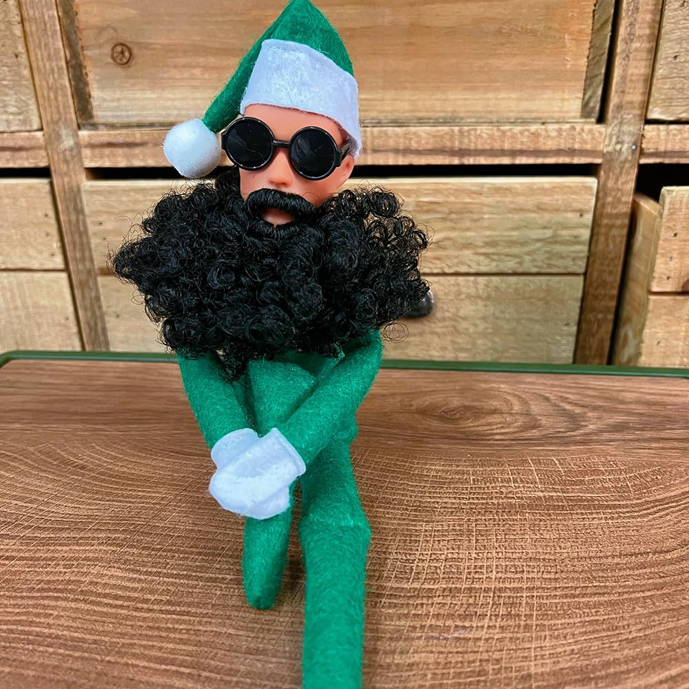Christmas Elf Doll, Long Curly Bearded Hip Hop Elf Doll with Round Glasses