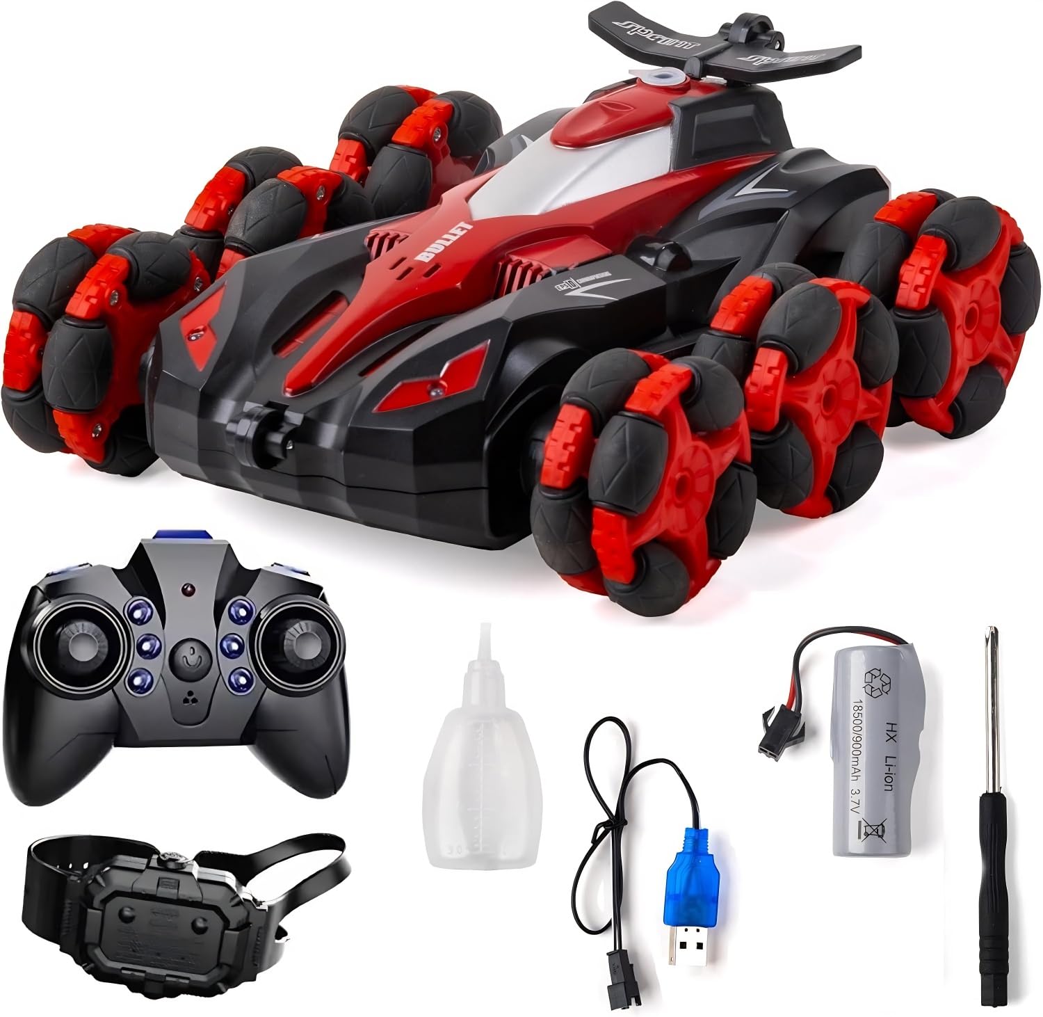 SWISS TORC6*6 RC Car Toys, 6WD Remote Control Stunt Car, All-Terrain RC Car with 360° Swing-Arm, LED Lights, Music, Smoke Effects, 900 mAh Battery, Dual 2.4 Ghz & Motion-Sense Control - Toys for Kids