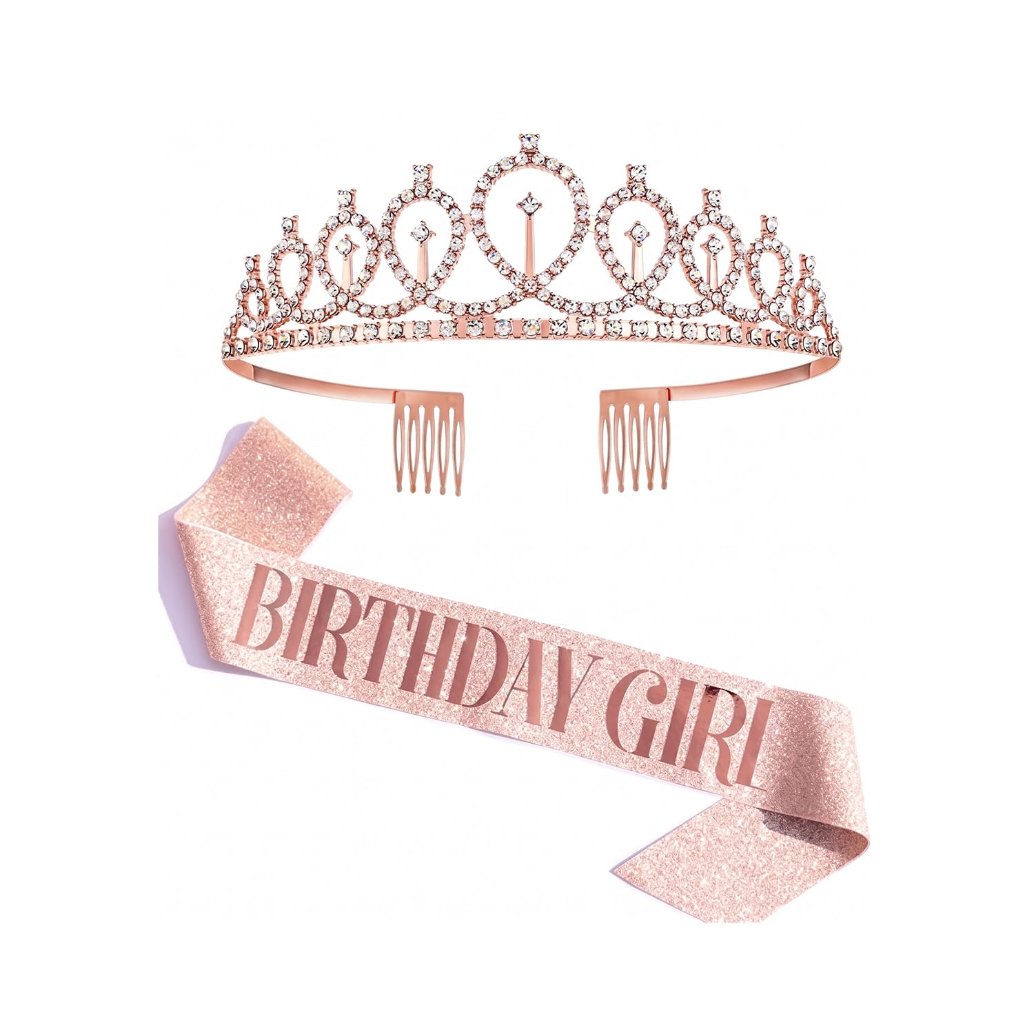 Rose Gold Toned Rhinestone Crystal Tiara Crown & Sash Set-image-42