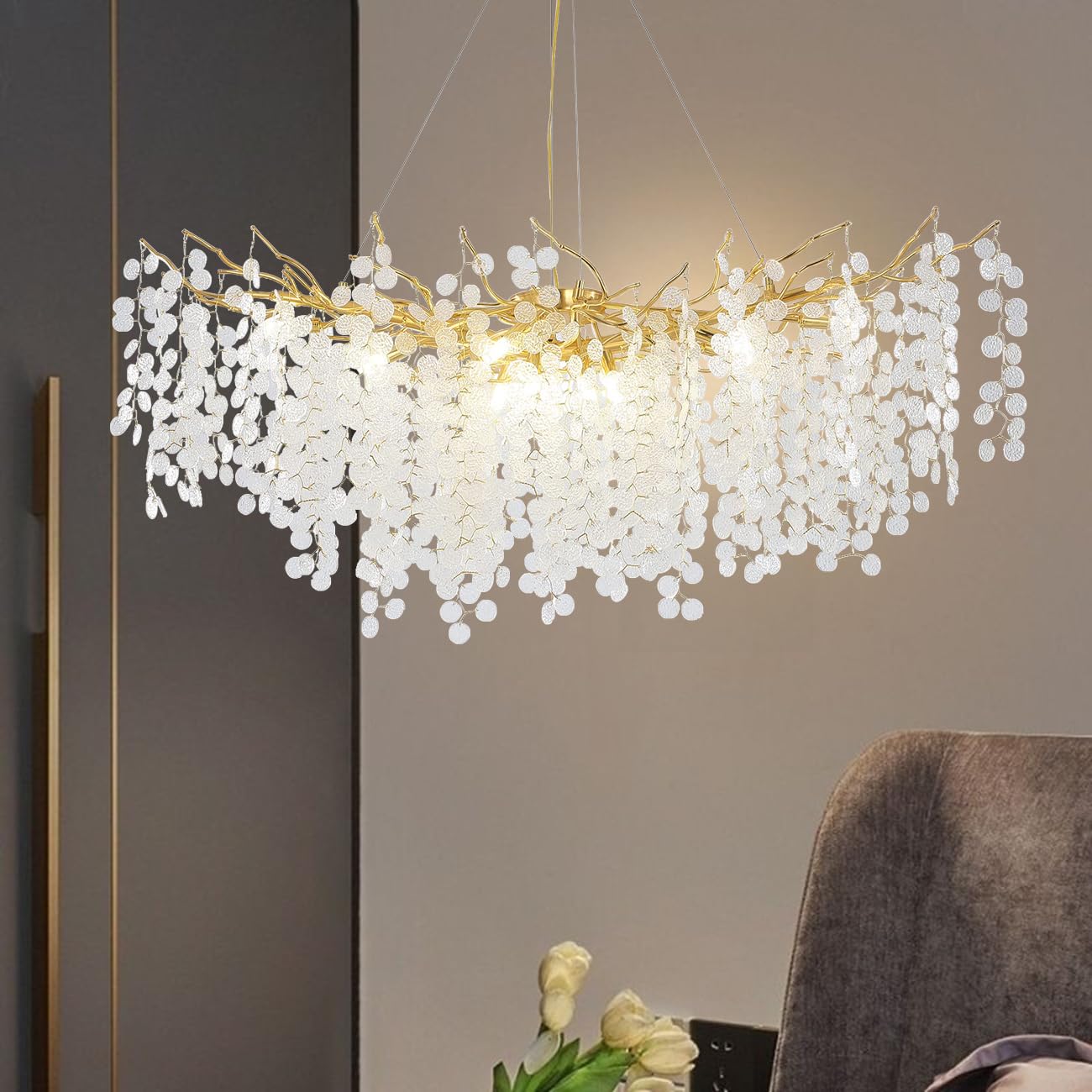 SXECAEPS Modern creative chandelier Modern Crystal, Gold Branch Lighting Frosted Raindrop Large Kitchen Island Hanging Light Fixture for High Ceiling, Dining Room, Foyer,Round 100cm