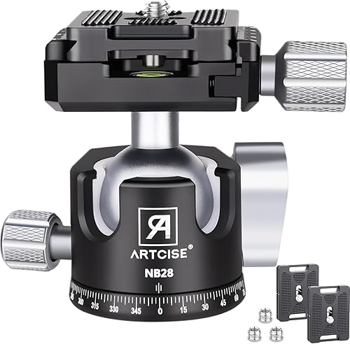 Cabezal de trípode de bola de perfil bajo de 1.102 in con 2 placas de liberación rápida Arca Swiss Profesional CNC Aluminio 360 Rotación Panorámica