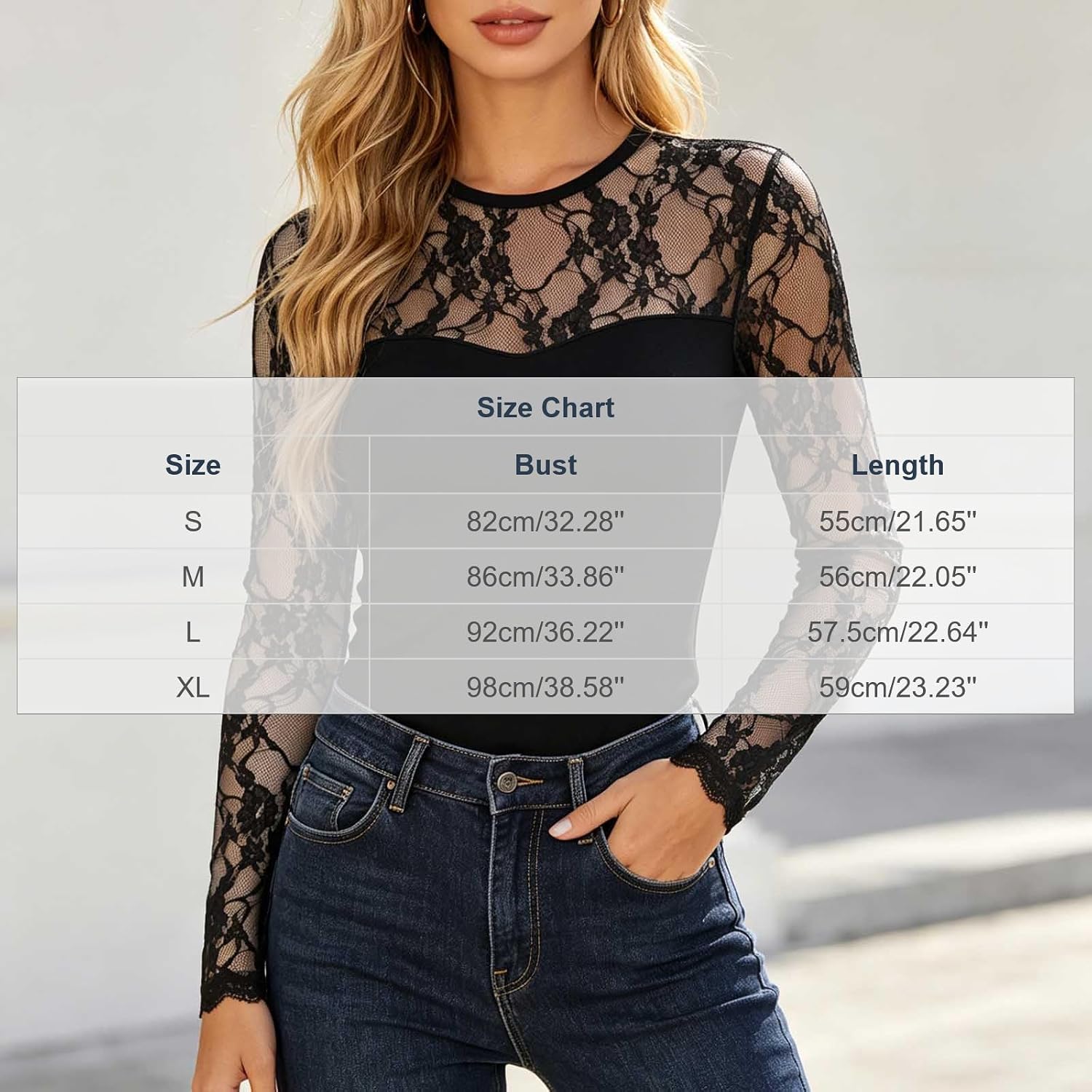 Womens Lace Mesh Long Sleeve Crew Neck Sheer Fitted Tops | Delicate Floral Lace Fabric, Form Fitting Silhouette with Sweetheart Lining, Ideal for Night Out Wear Date Casual Outfit
